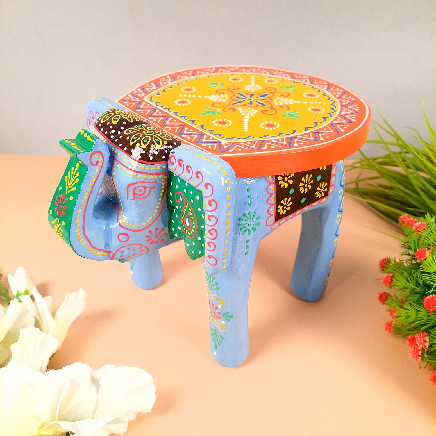Elephant Table Showpiece | Animal Figurines - For Home, Living Room Decor & Gifts | Small Wood Stool - For Placing Small Pots & Showpieces - 8 Inch - apkamart #Color_Light Blue