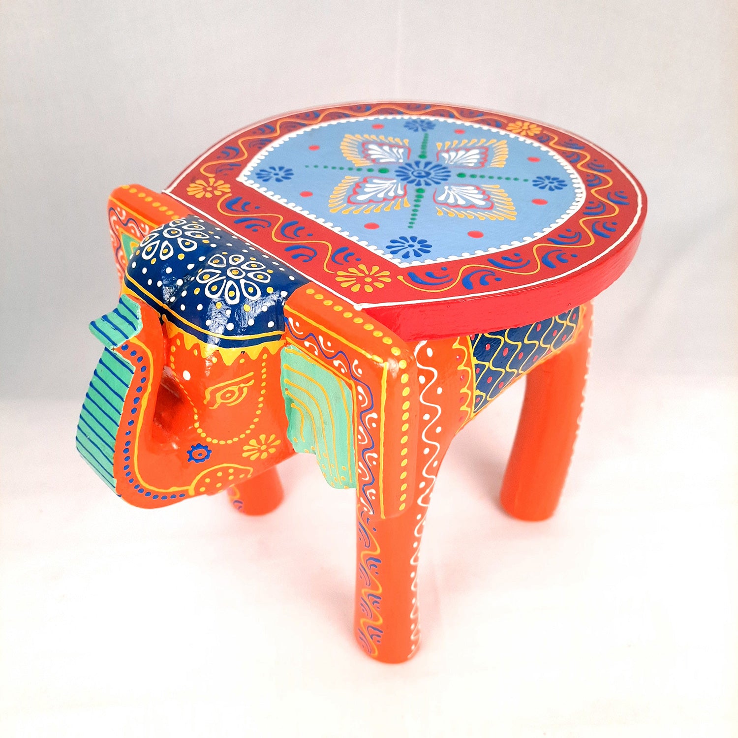 Elephant Table Showpiece | Animal Figurines - For Home, Living Room Decor & Gifts | Small Wood Stool - For Placing Small Pots & Showpieces - 8 Inch - apkamart #Color_Orange