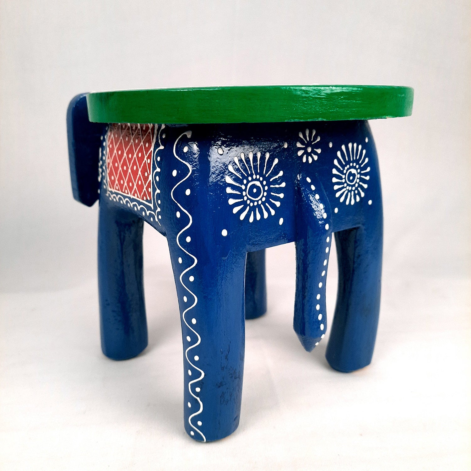Elephant Table Showpiece | Animal Figurines - For Home, Living Room Decor & Gifts | Small Wood Stool - For Placing Small Pots & Showpieces - 8 Inch - apkamart #Color_Dark Blue