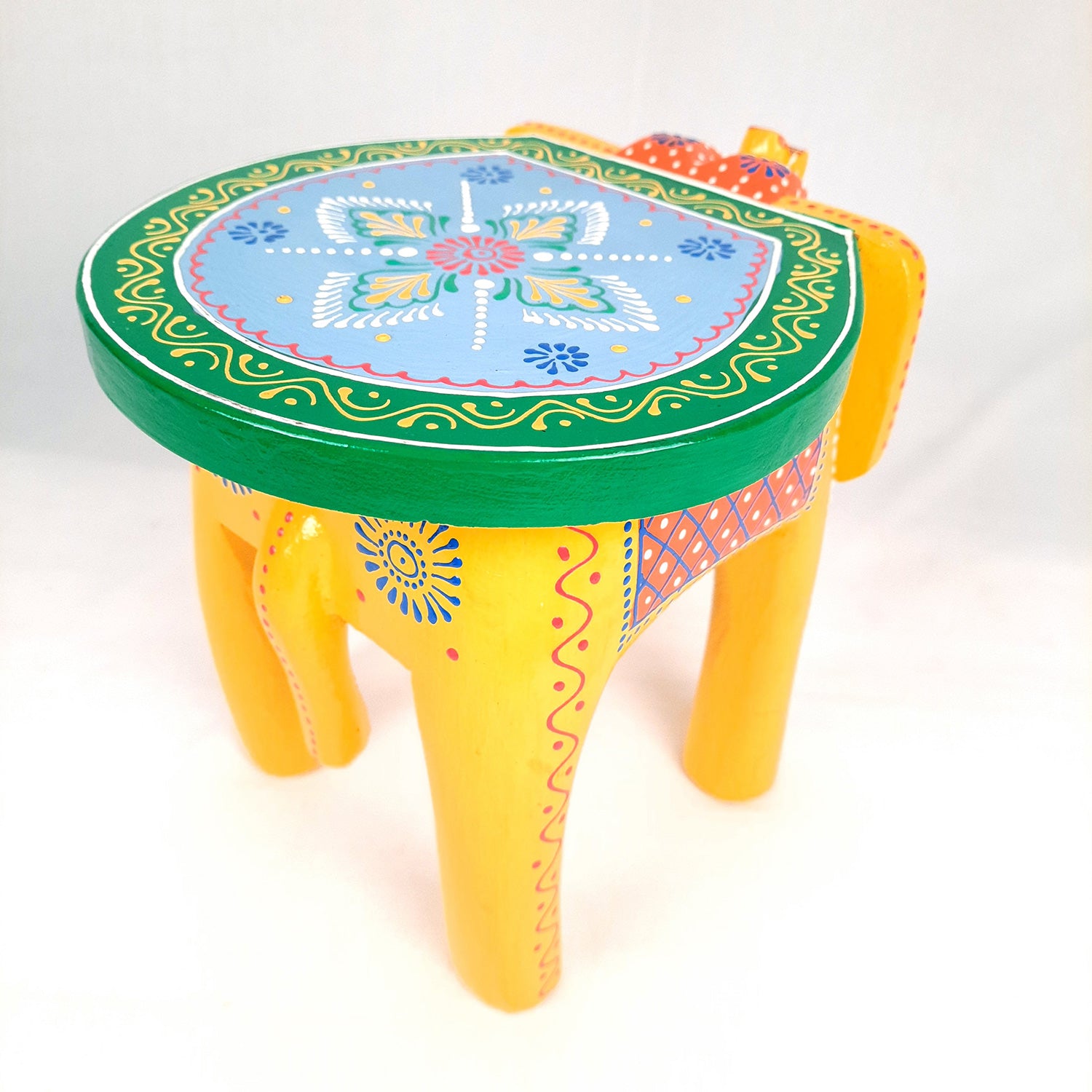 Elephant Table Showpiece | Animal Figurines - For Home, Living Room Decor & Gifts | Small Wood Stool - For Placing Small Pots & Showpieces - 8 Inch - apkamart #Color_Yellow