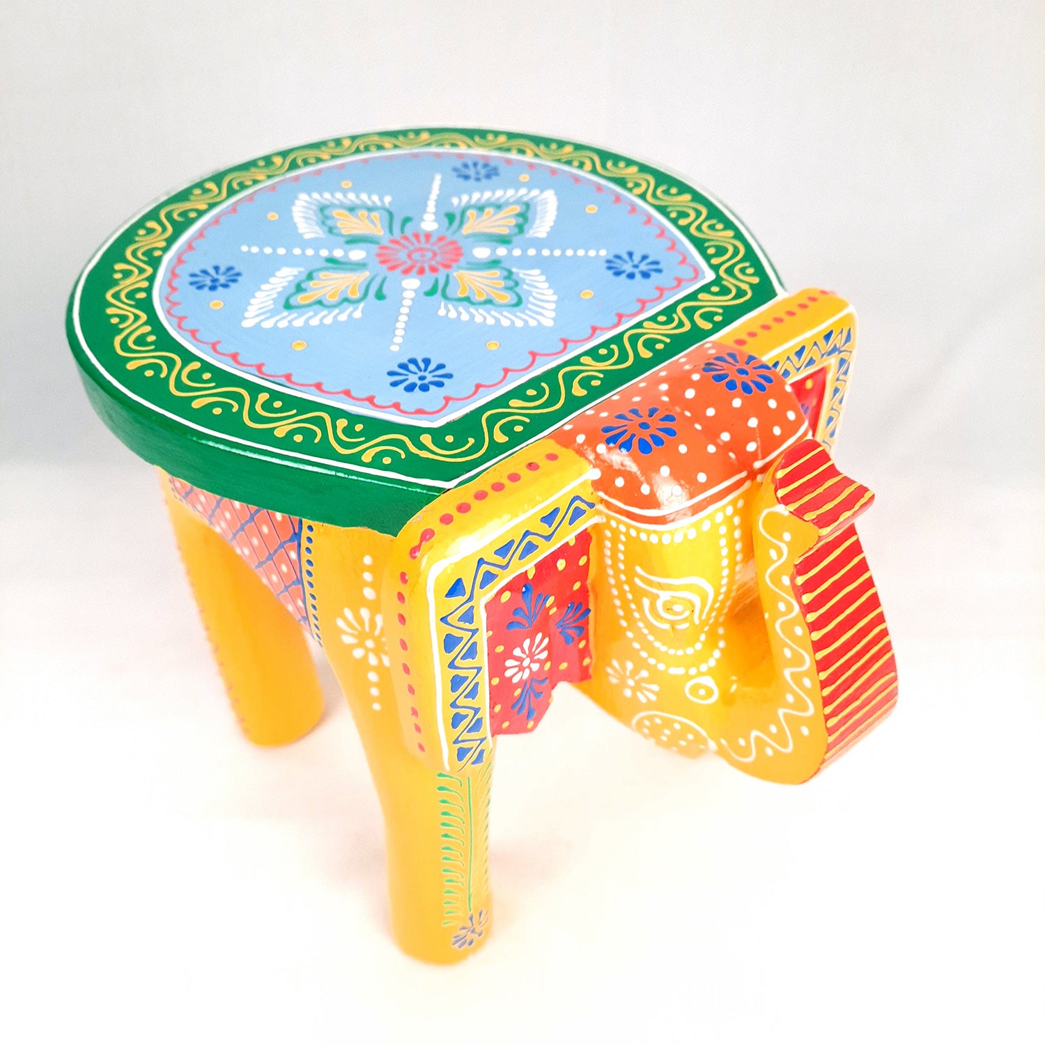 Elephant Table Showpiece | Animal Figurines - For Home, Living Room Decor & Gifts | Small Wood Stool - For Placing Small Pots & Showpieces - 8 Inch - apkamart #Color_Yellow