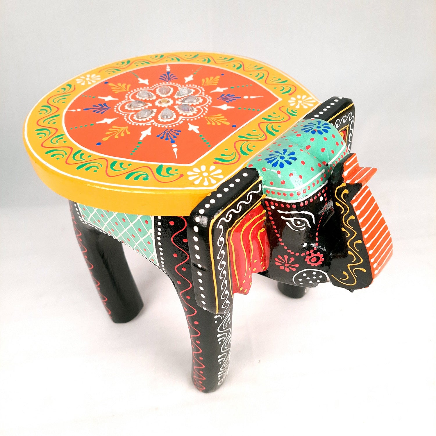 Elephant Table Showpiece | Animal Figurines - For Home, Living Room Decor & Gifts | Small Wood Stool - For Placing Small Pots & Showpieces - 8 Inch - apkamart #Color_Black