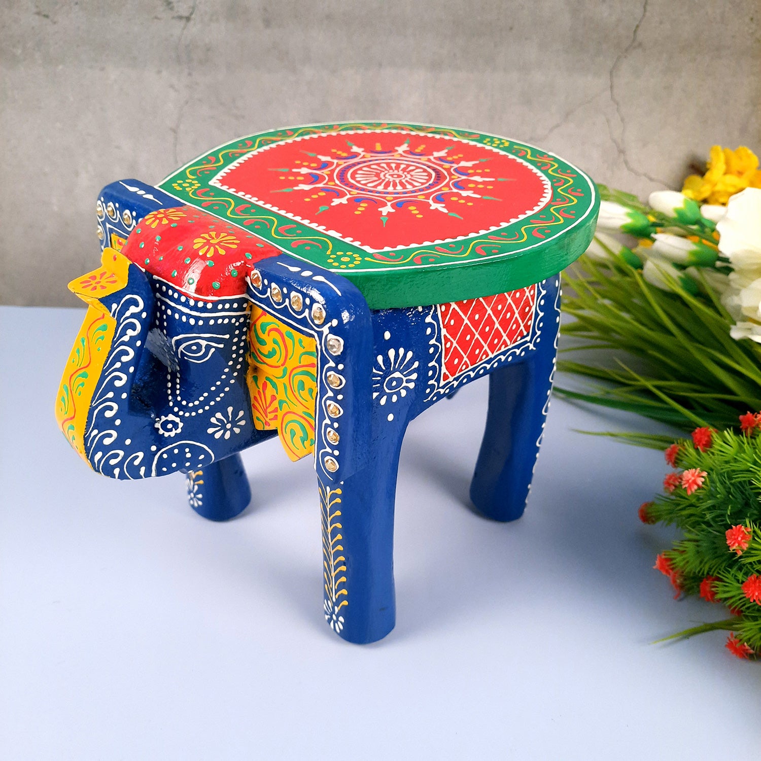Elephant Table Showpiece | Animal Figurines - For Home, Living Room Decor & Gifts | Small Wood Stool - For Placing Small Pots & Showpieces - 8 Inch - apkamart #Color_Dark Blue