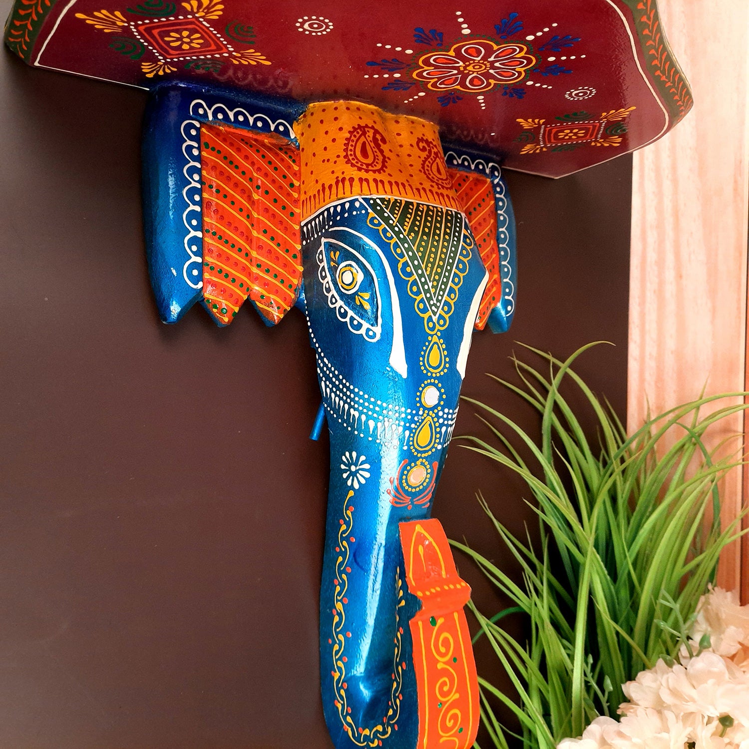 Elephant Head Wall Hanging | Wooden Handcrafted Elephant Face Wall Decor | Ethnic Rajasthani Showpiece for Home & Gifting - 14 Inch - Apkamart #Style_Design 2