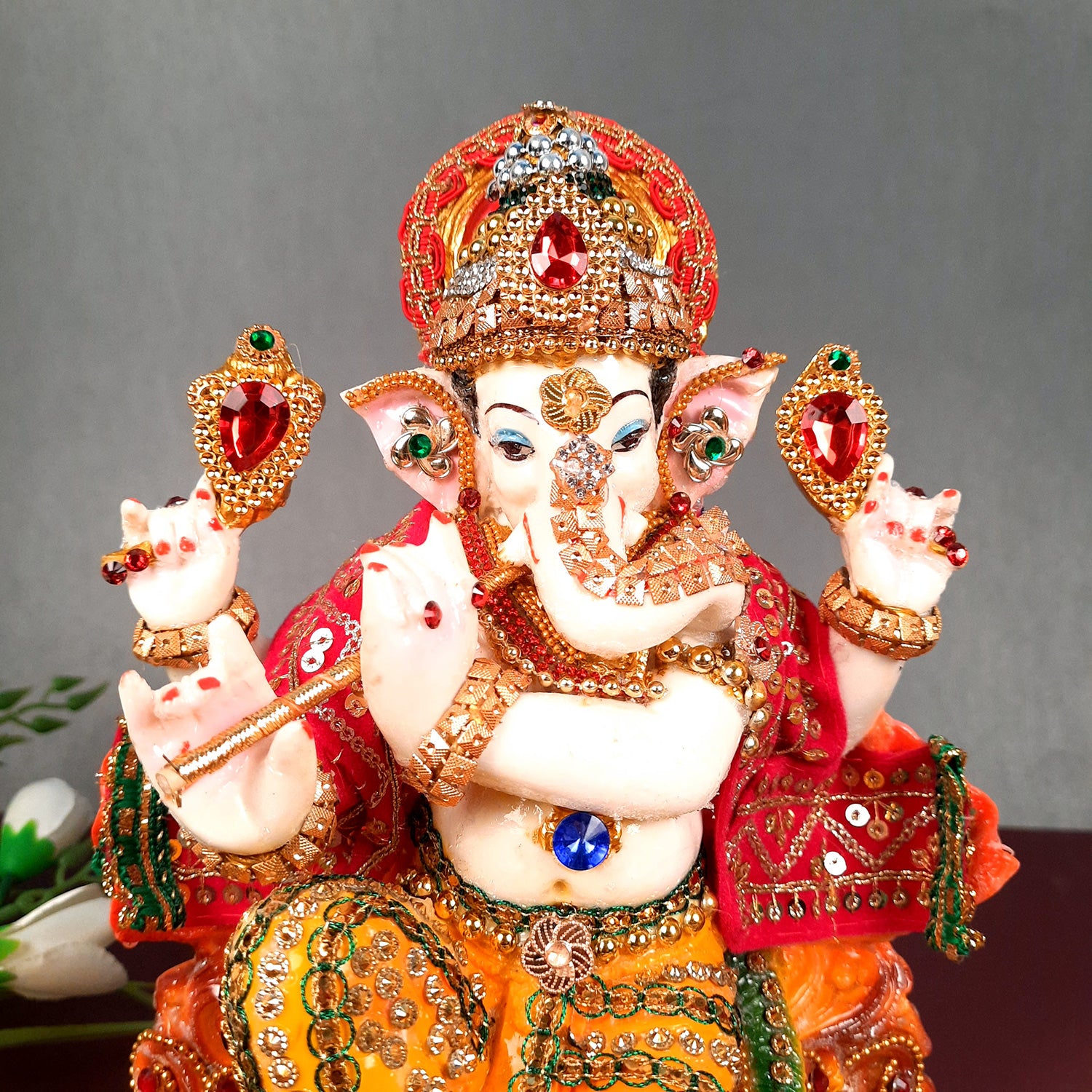 Ganesh Statue - Beads Work With Premium Finish | Ganesha Decorated Idol - for Home, Living Room, Office, Puja, Entrance Decor & Gifts - 10 Inch - Apkamart