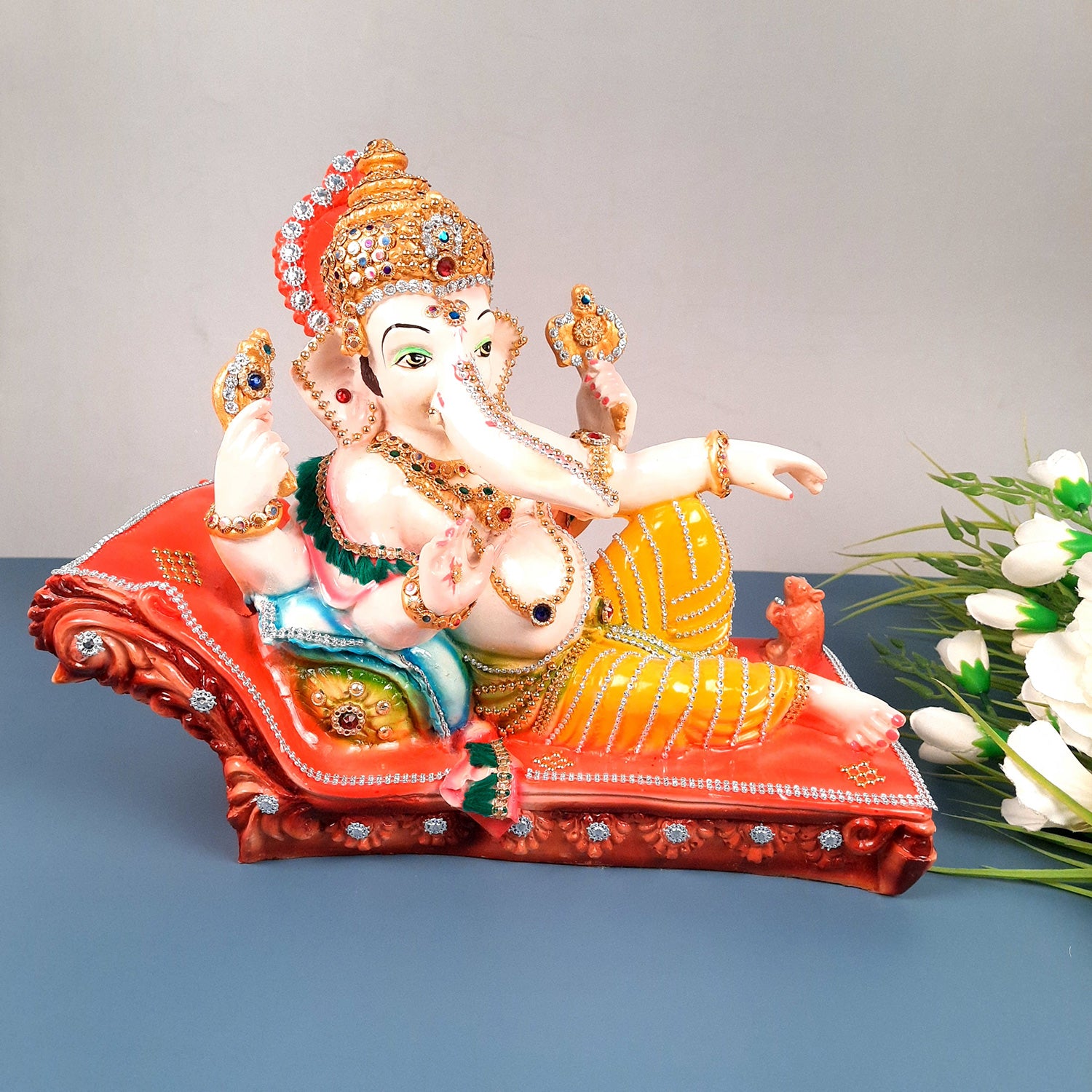 Ganesh Idol Decorated With Beads Work| Ganesha Statue Murti - Puja, Home, Office Desk, Table, Living Room Decor, Diwali Gift - 14 Inch - apkamart