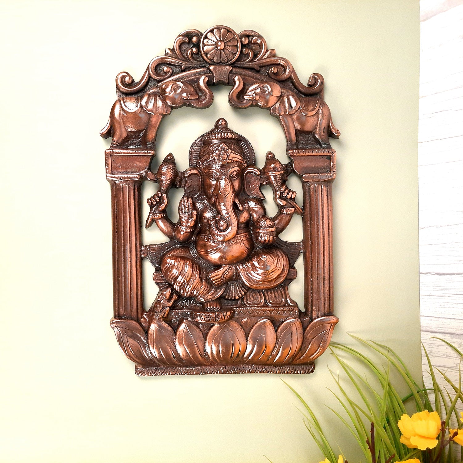 Lord Ganesh Wall Hanging Idol | Metal Ganesha Wall Statue Decor for Main Gate | Ganpati Murti for Home, Puja & Religious Decor & Gift - 14 Inch - apkamart