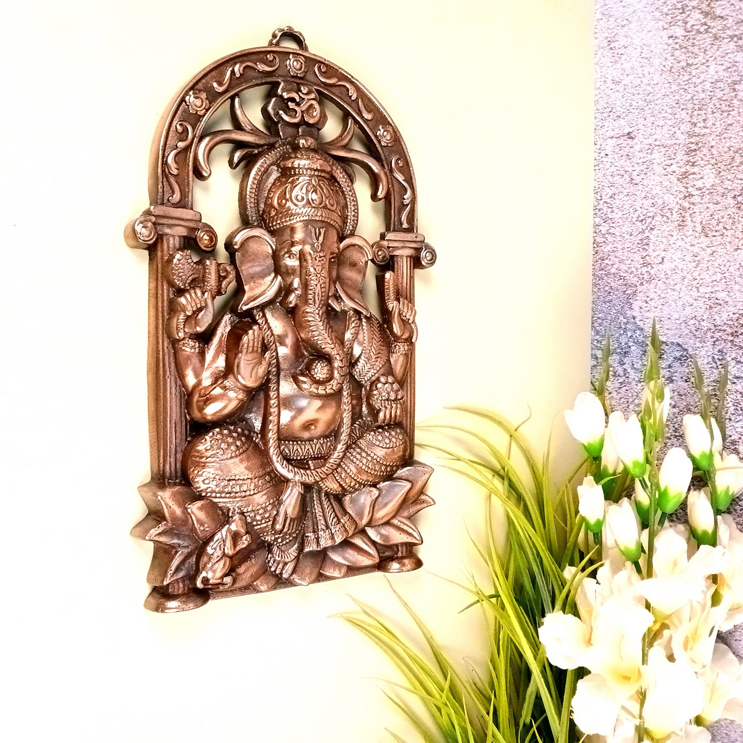 Ganesh Idol Wall Hanging | Lord Ganesha With Lotus / Kamal Wall Statue Decor - For Puja, Home, Entrance, Living Room & Gift - 14 Inch - Apkamart