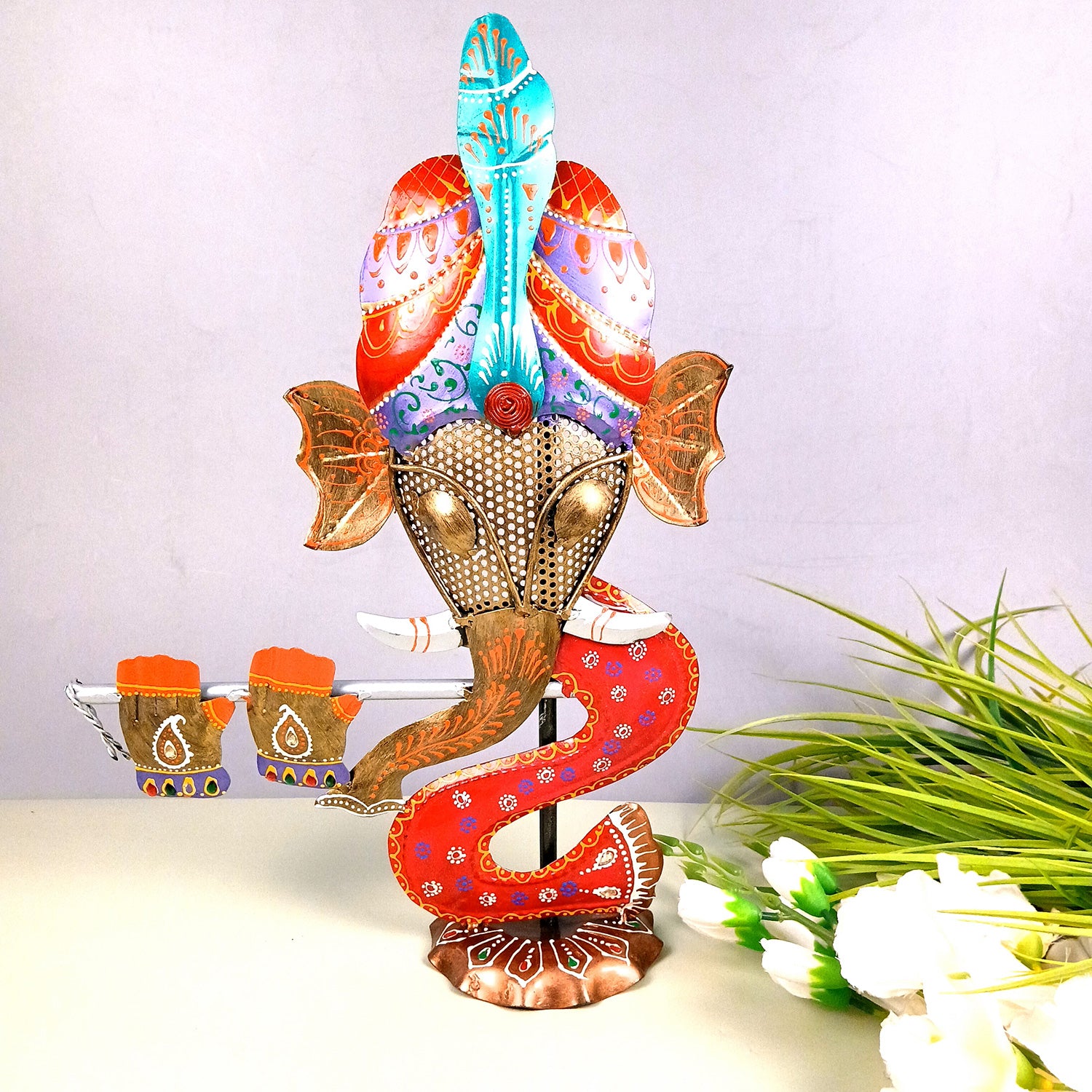 Ganesha Tea Light Candle Holder | Ganesh Showpiece With T Light Stand- For Home, Table, Living Room, Bedroom, Office Decor | For Diwali Decoration & Gifts - 17 Inch - Apkamart