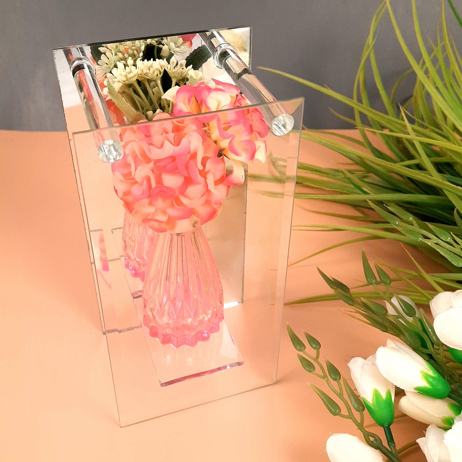 Decorative Vase Showpiece Displayed Between Glass Front and Mirror Back - For Home, Table, Shelf, Office Decor & Gifts - apkamart #Style_style 1