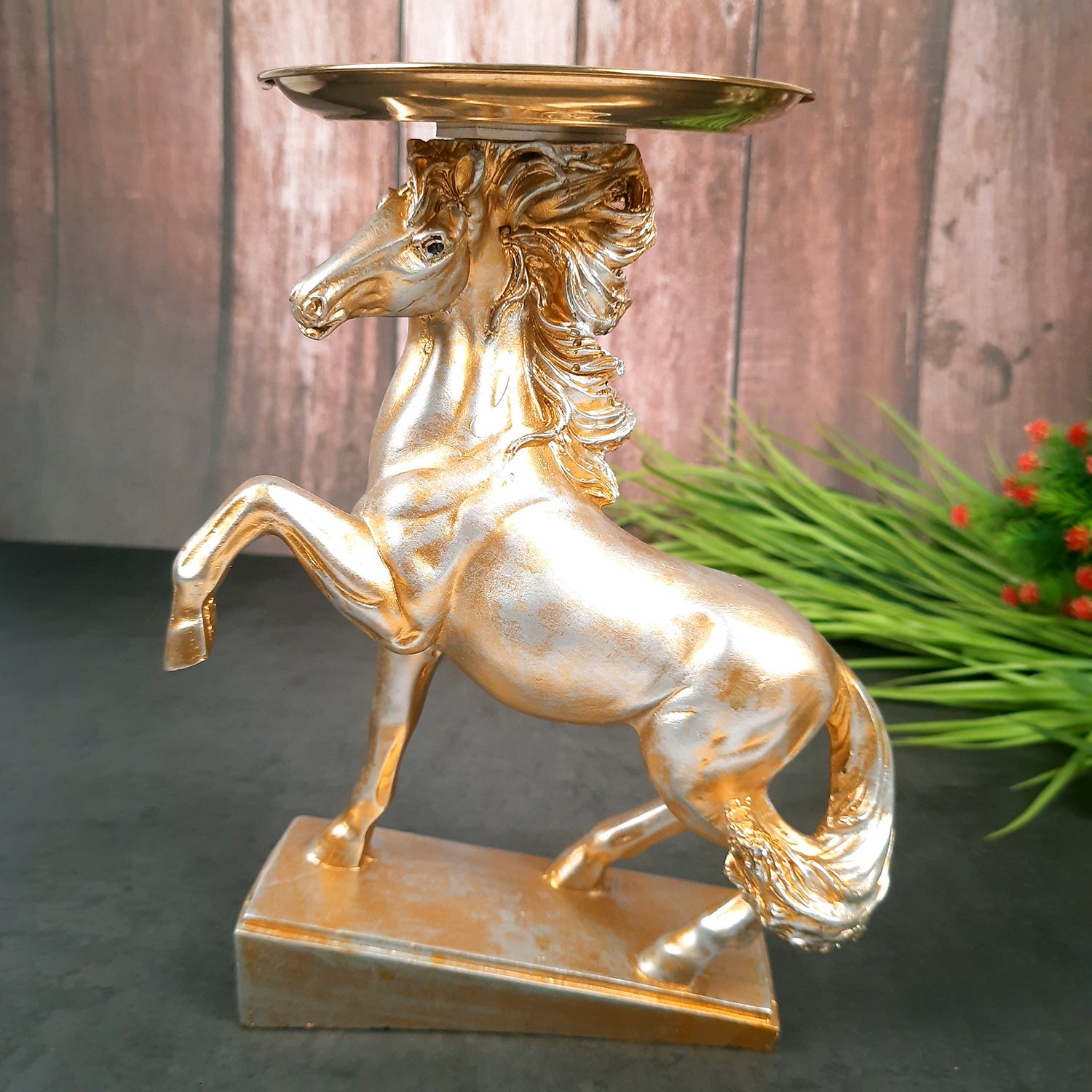 Horse Statue With Detachable Tray For Keeping Small Plant / Chocolates | Horse Showpiece - for Home, Table, Shelf, Good Luck, Vastu & Office Desk Decor - 10 Inch - Apkamart