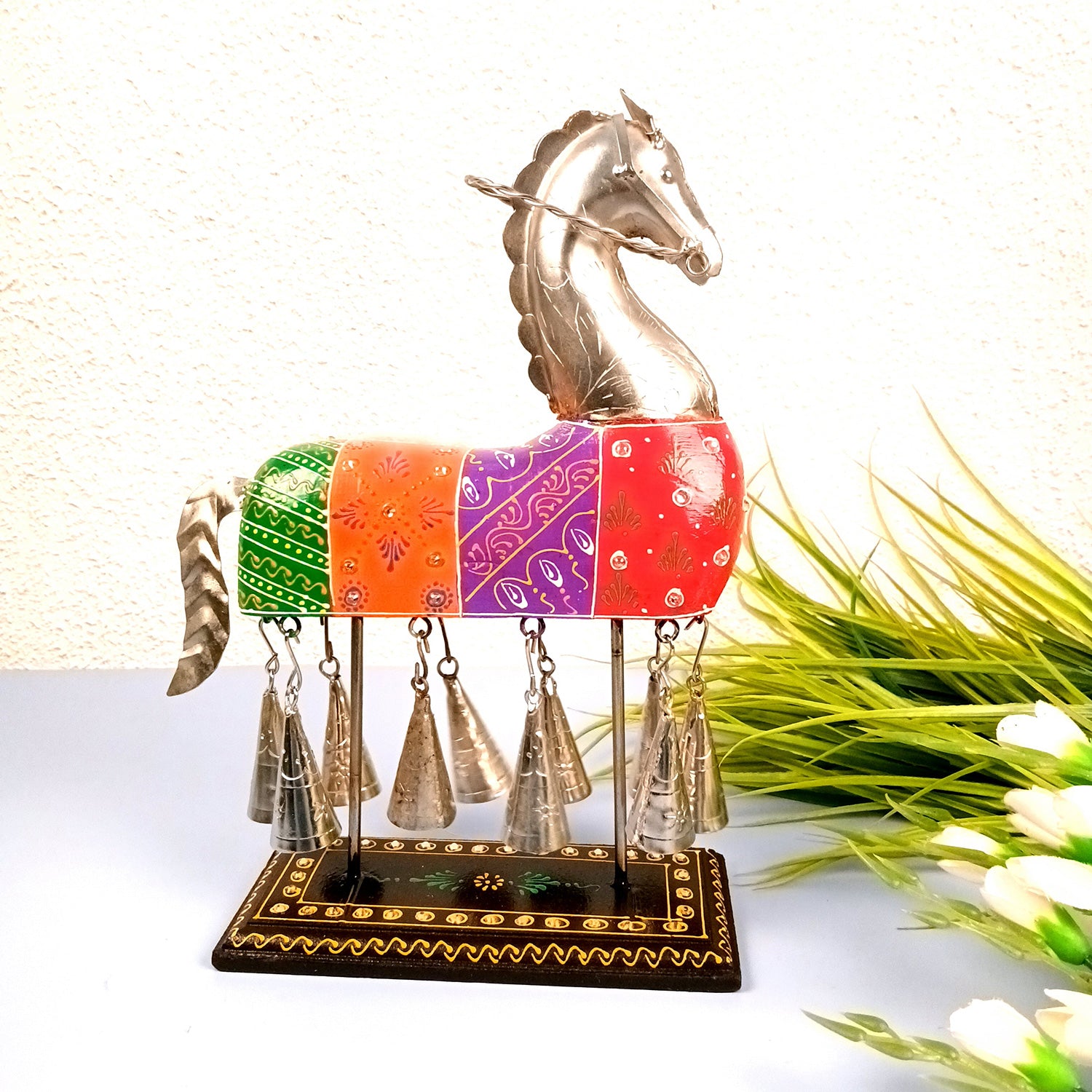 Horse Showpiece With Hanging Bells | Decorative Horse Figurine- for Feng Shui, Vastu, Home Decor, Table, Living Room Decoration & Gift- 13 Inch - Apkamart
