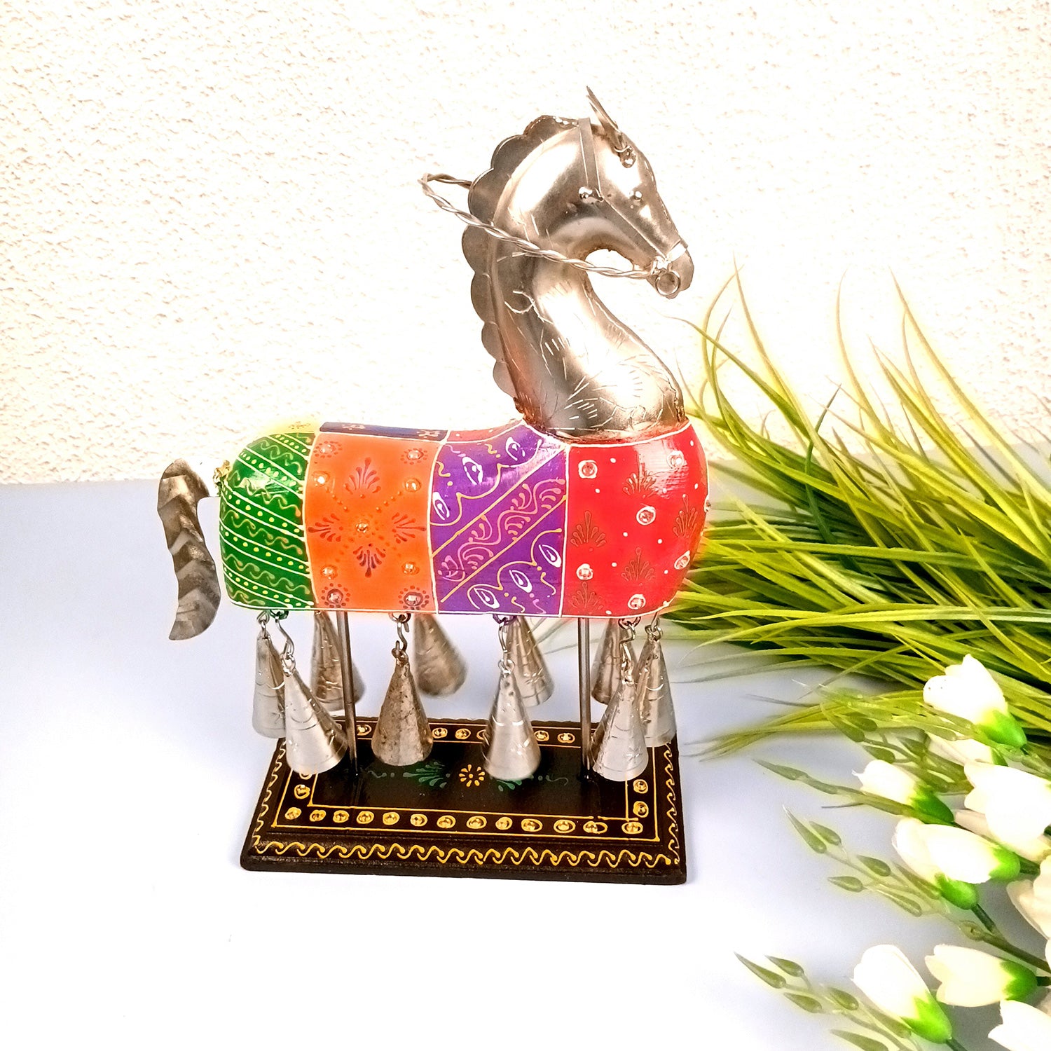 Horse Showpiece With Hanging Bells | Decorative Horse Figurine- for Feng Shui, Vastu, Home Decor, Table, Living Room Decoration & Gift- 13 Inch - Apkamart