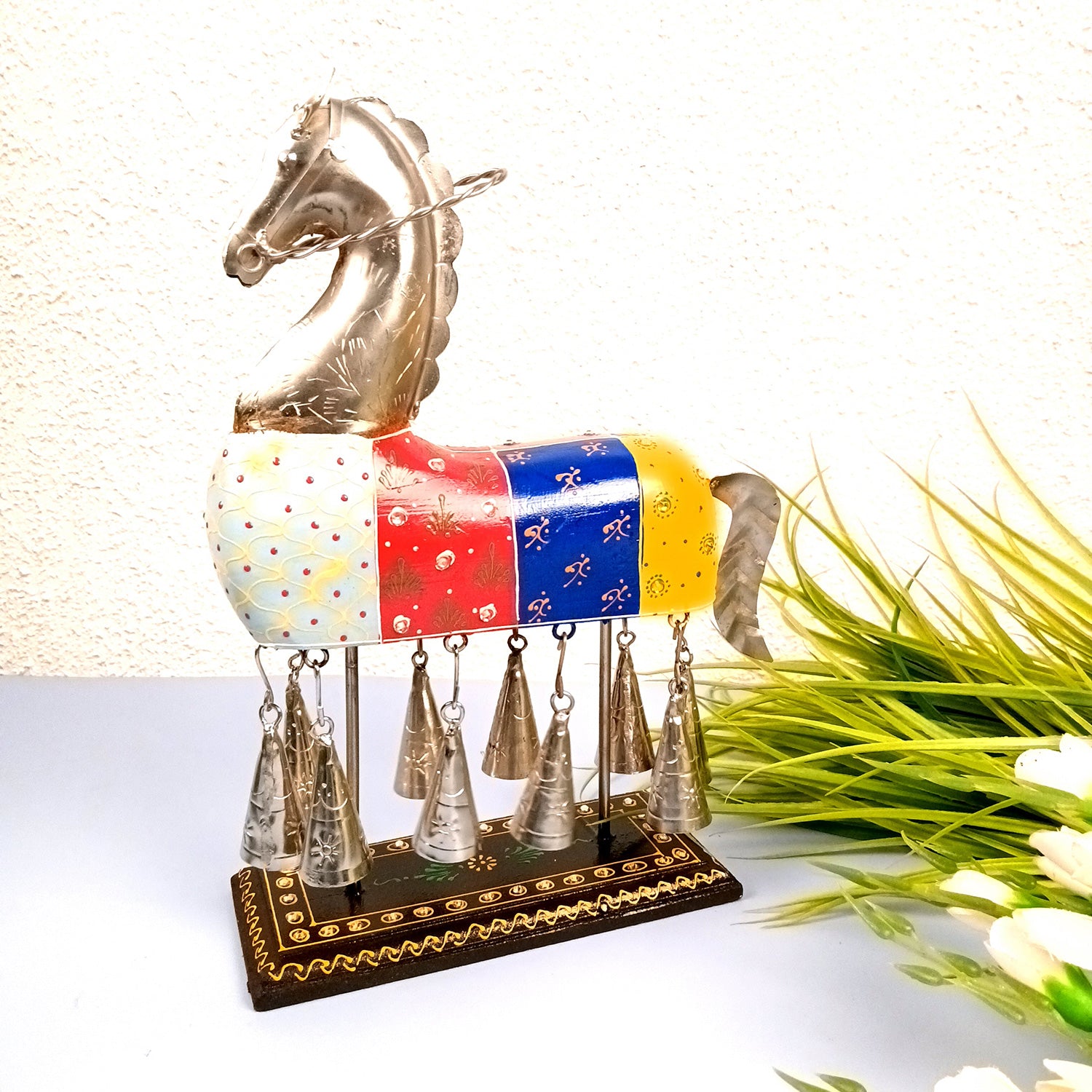 Horse Showpiece With Hanging Bells | Decorative Horse Figurine- for Feng Shui, Vastu, Home Decor, Table, Living Room Decoration & Gift- 13 Inch - Apkamart