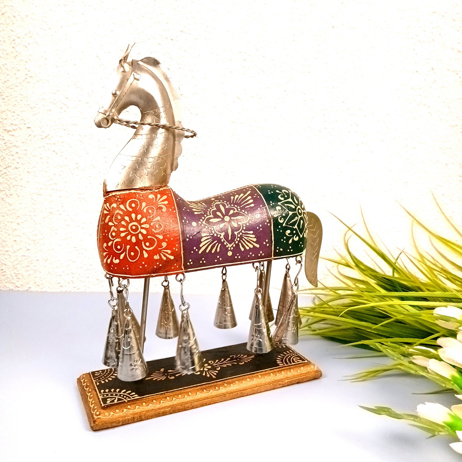 Horse Showpiece With Hanging Bells | Decorative Horse Figurine- for Feng Shui, Vastu, Home Decor, Table, Living Room Decoration & Gift - 13 Inch - Apkamart