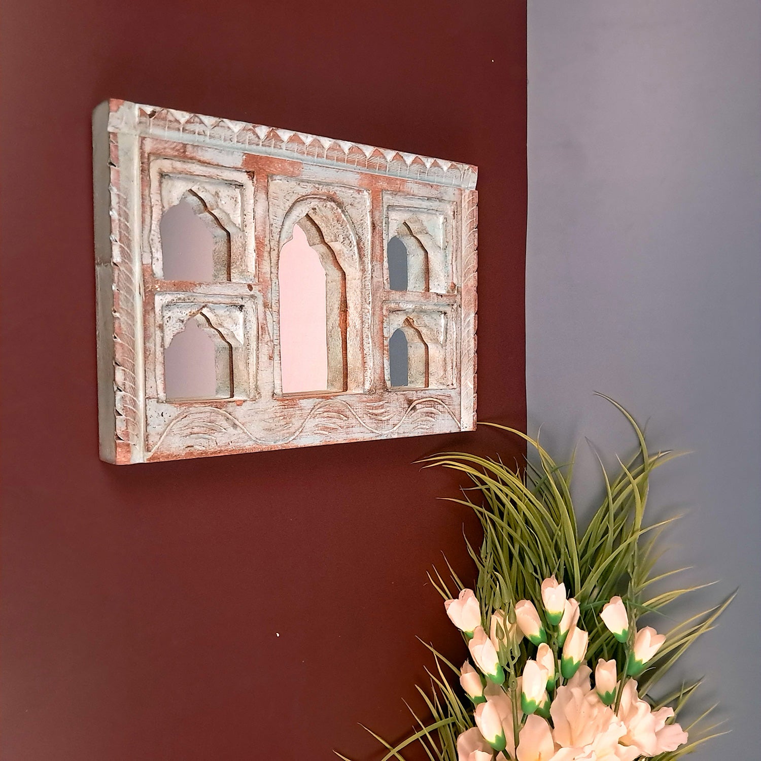 Wooden Jharokha Frame With Mirror Wall Hanging | Antique Finished Handcrafted Replaceable Mirror Jharokha - Home, Wall Decor, Living room, Entrance Decoration & Gifts - Apkamart #Color_Blue