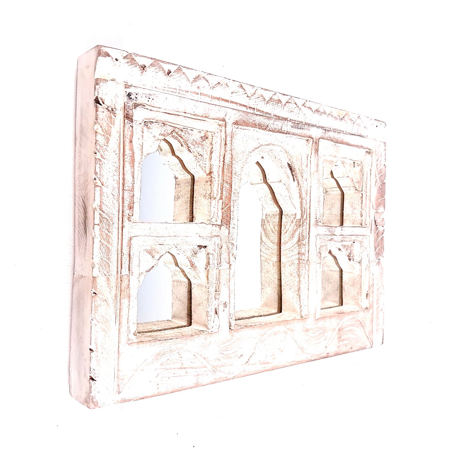 Wooden Jharokha Frame With Mirror Wall Hanging | Antique Finished Handcrafted Rustic Mirror Jharokha - Home, Wall Decor, Living room, Entrance Decoration & Gifts - 12 Inch (Pack Of 2)