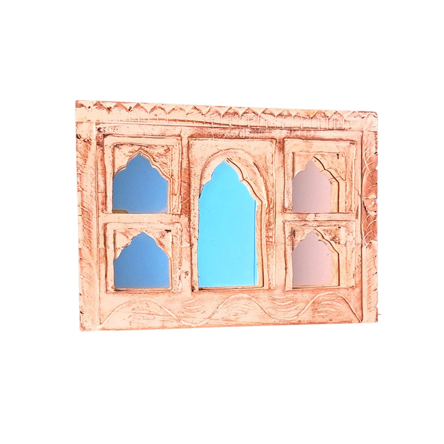 Wooden Jharokha Frame With Mirror Wall Hanging | Antique Finished Handcrafted Rustic Mirror Jharokha - Home, Wall Decor, Living room, Entrance Decoration & Gifts - 12 Inch (Pack Of 2)