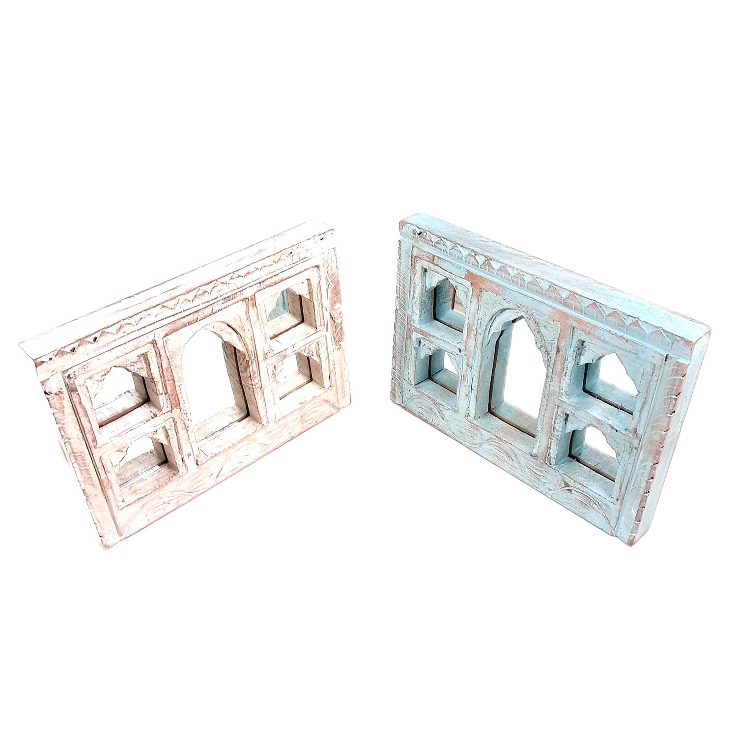 Wooden Jharokha Frame With Mirror Wall Hanging | Antique Finished Handcrafted Rustic Mirror Jharokha - Home, Wall Decor, Living room, Entrance Decoration & Gifts - 12 Inch (Pack Of 2)