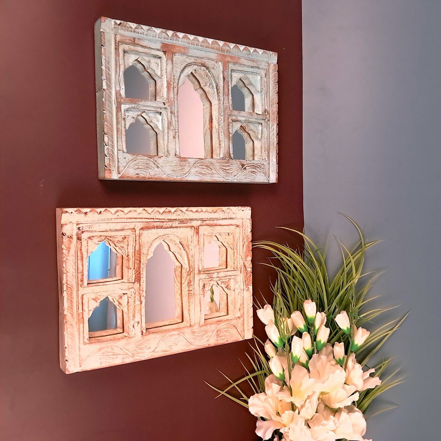 Wooden Jharokha Frame With Mirror Wall Hanging | Antique Finished Handcrafted Rustic Mirror Jharokha - Home, Wall Decor, Living room, Entrance Decoration & Gifts - 12 Inch (Pack Of 2)