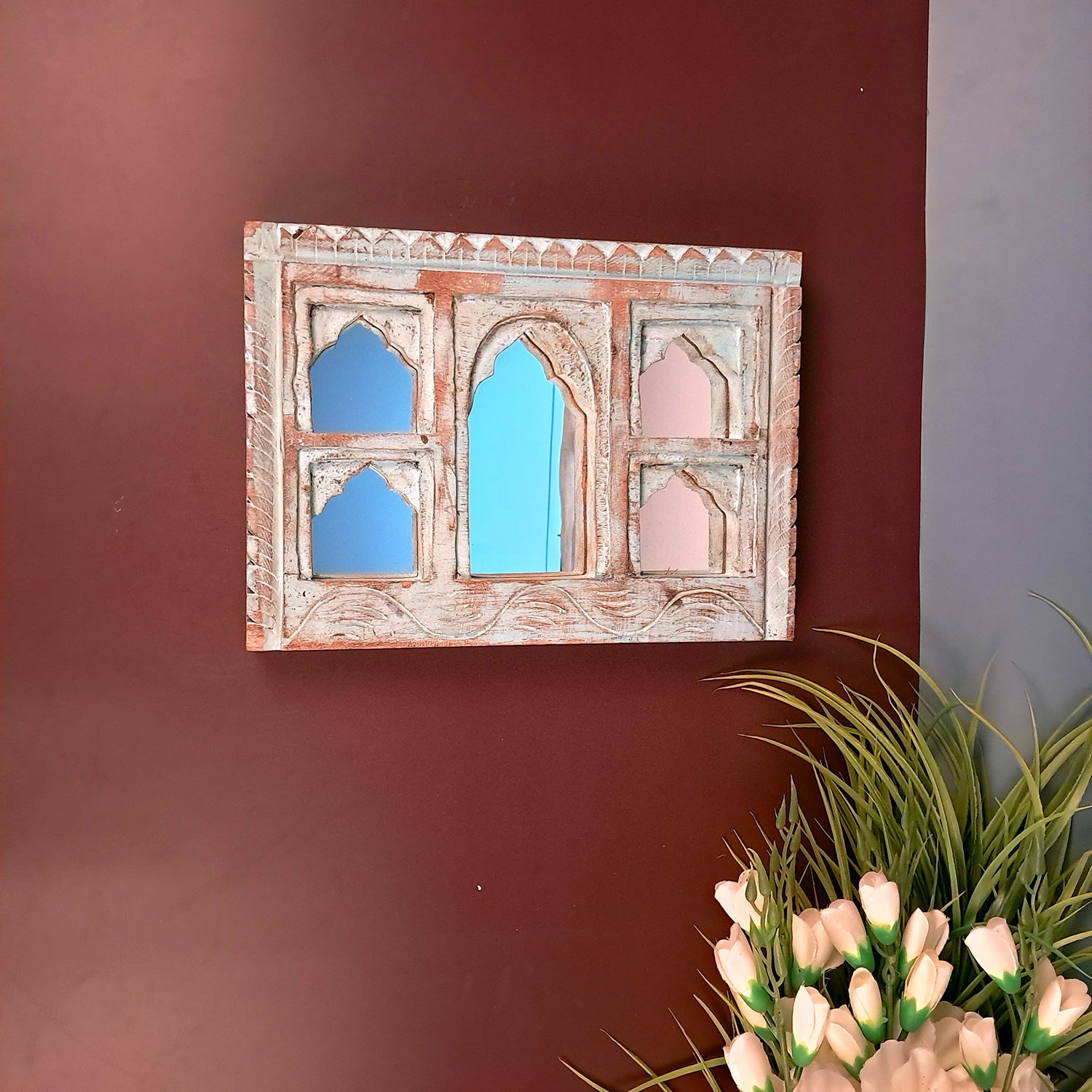 Wooden Jharokha Frame With Mirror Wall Hanging | Antique Finished Handcrafted Rustic Mirror Jharokha - Home, Wall Decor, Living room, Entrance Decoration & Gifts - 12 Inch (Pack Of 2)