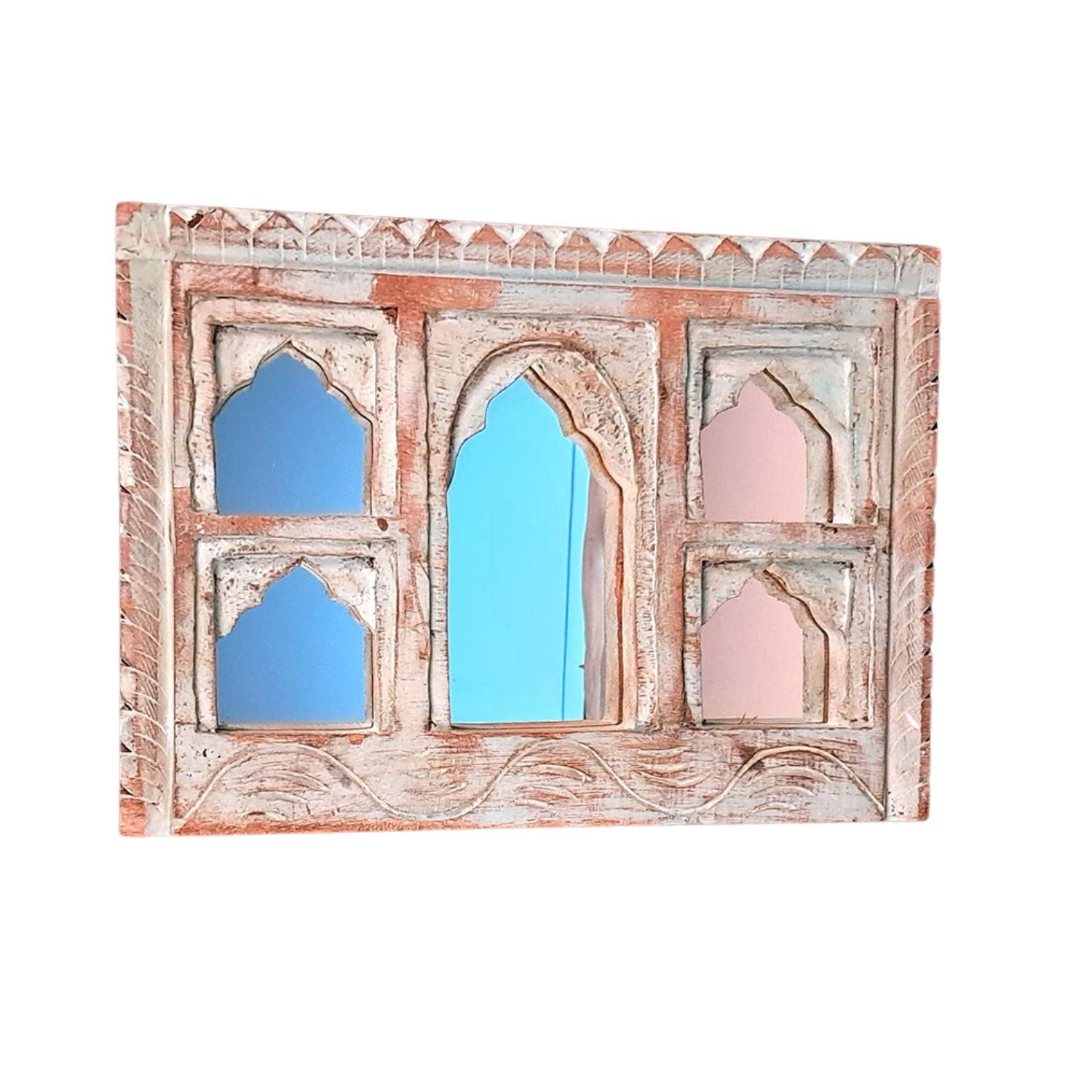 Wooden Jharokha Frame With Mirror Wall Hanging | Antique Finished Handcrafted Rustic Mirror Jharokha - Home, Wall Decor, Living room, Entrance Decoration & Gifts - 12 Inch (Pack Of 2)