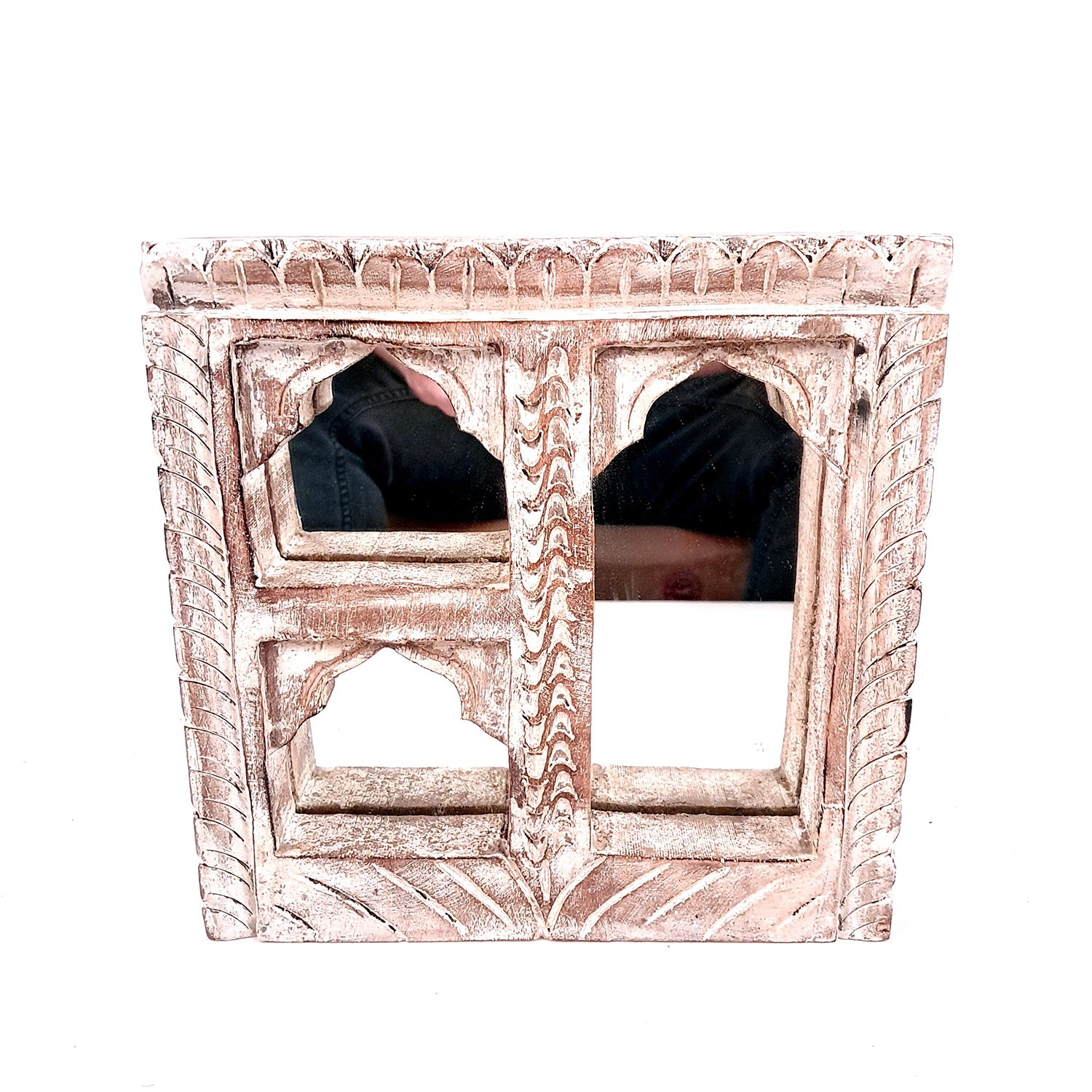 Wooden Jharokha Frame With Mirror Wall Hanging | Antique Finished Handcrafted Rustic Mirror Jharokha - Home, Wall Decor, Living room, Entrance Decoration & Gifts - 8 Inch - Apkamart #Color_White