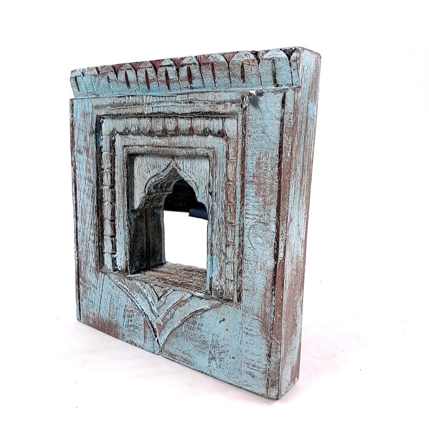 Wooden Jharokha Frame With Mirror Wall Hanging | Antique Finished Handcrafted Rustic Mirror Jharokha - Home, Wall Decor, Living room, Entrance Decoration & Gifts - 8 Inch - Apkamart #Color_Blue