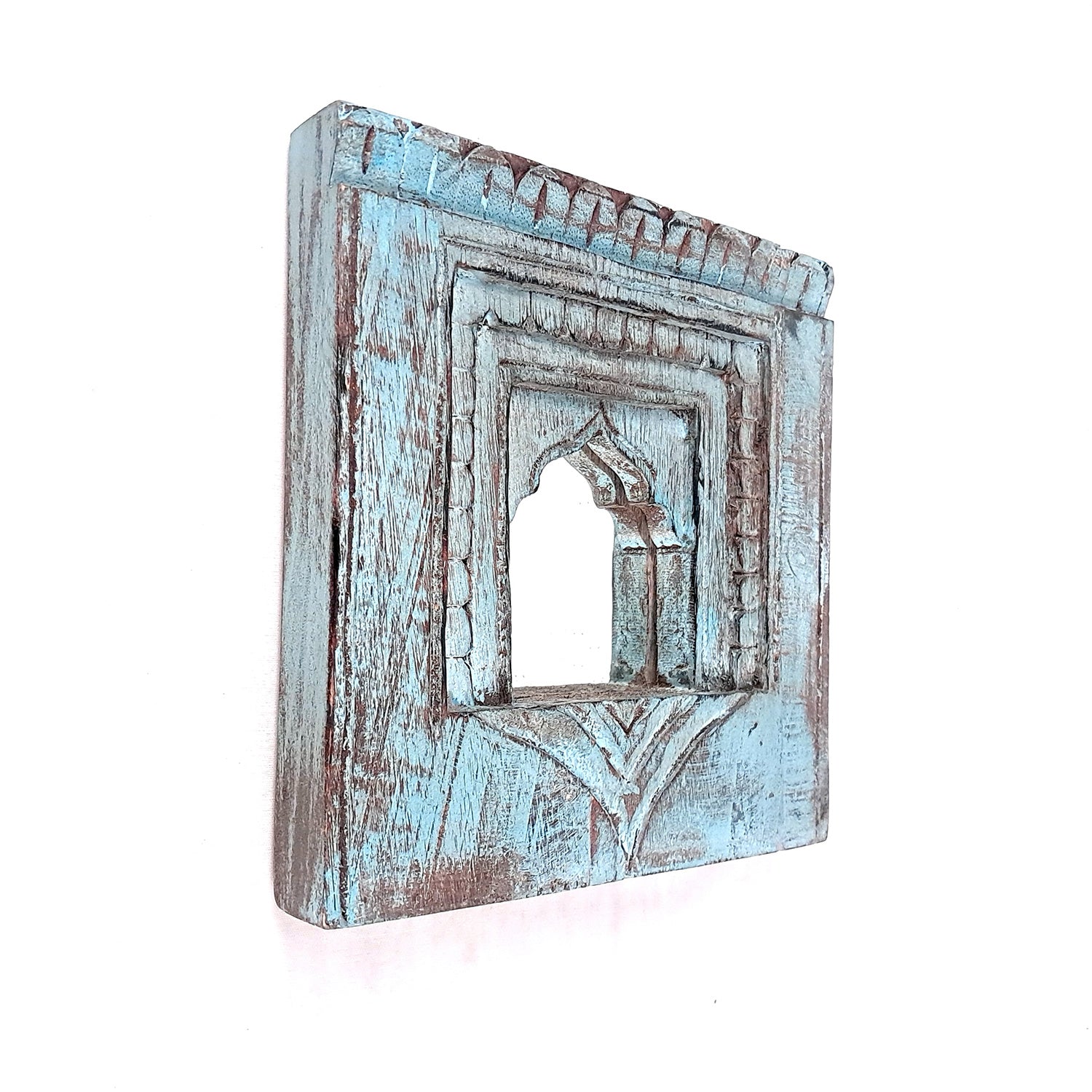 Wooden Jharokha Frame With Mirror Wall Hanging | Antique Finished Handcrafted Rustic Mirror Jharokha - Home, Wall Decor, Living room, Entrance Decoration & Gifts - 8 Inch - Apkamart #Color_Blue