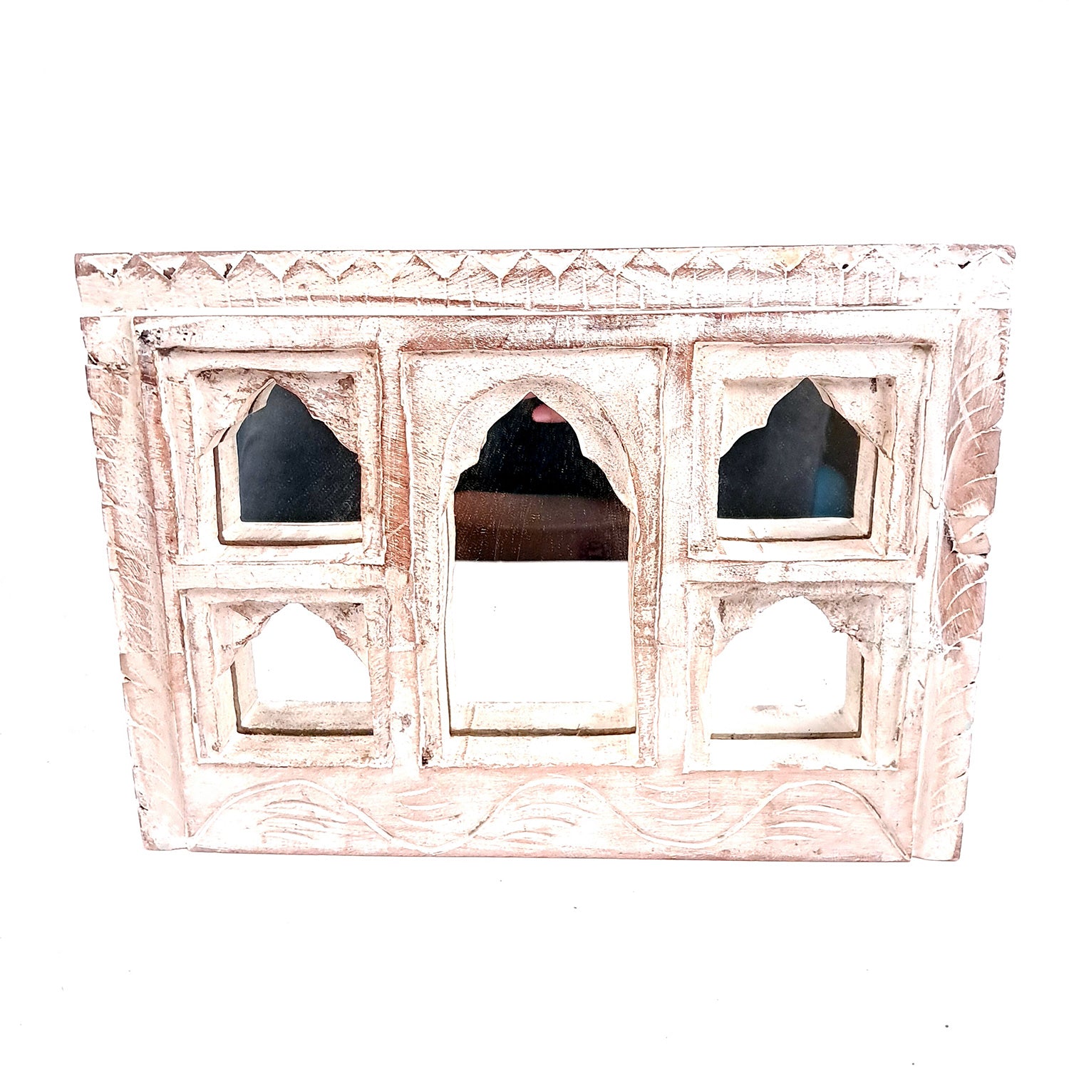 Wooden Jharokha Frame With Mirror Wall Hanging | Antique Finished Handcrafted Replaceable Mirror Jharokha - Home, Wall Decor, Living room, Entrance Decoration & Gifts - Apkamart #Color_White