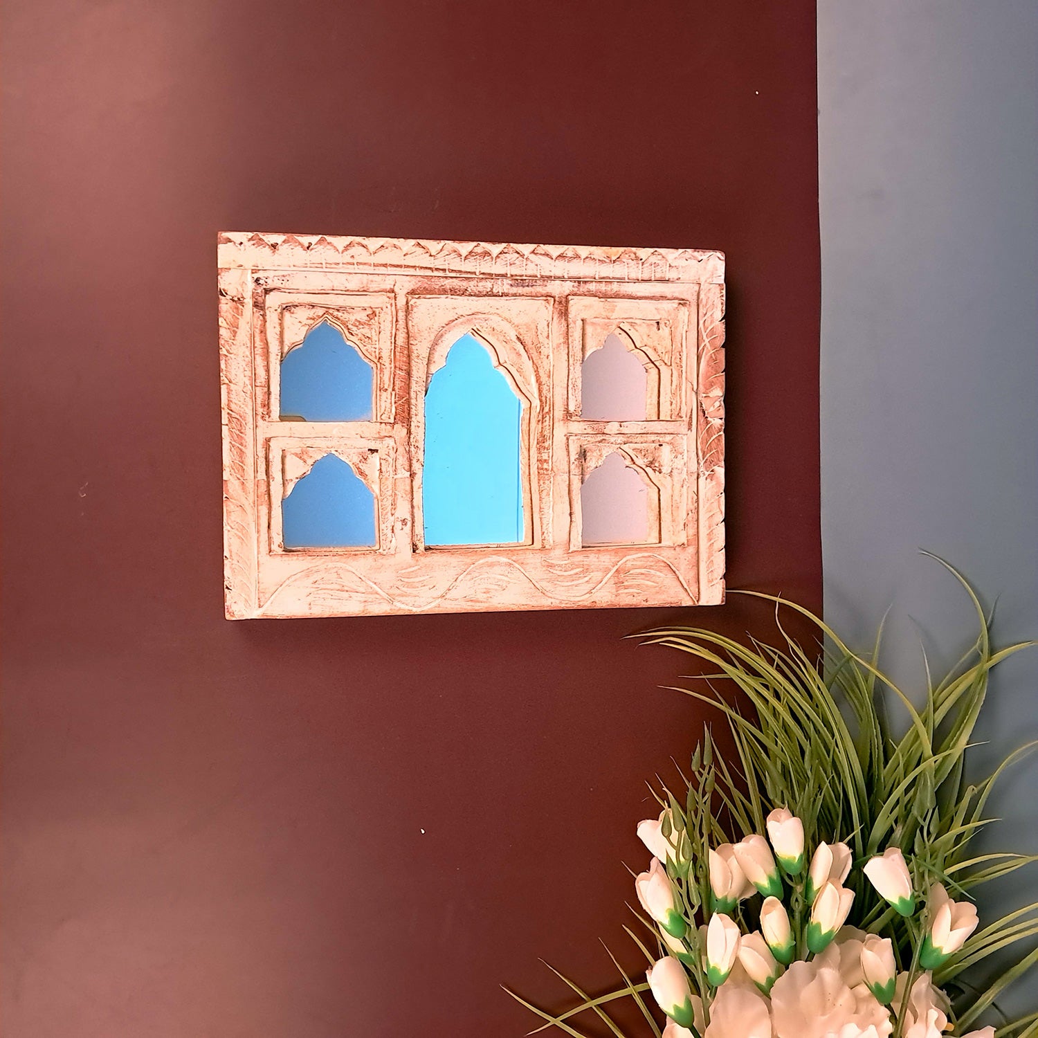 Wooden Jharokha Frame With Mirror Wall Hanging | Antique Finished Handcrafted Replaceable Mirror Jharokha - Home, Wall Decor, Living room, Entrance Decoration & Gifts - Apkamart #Color_White