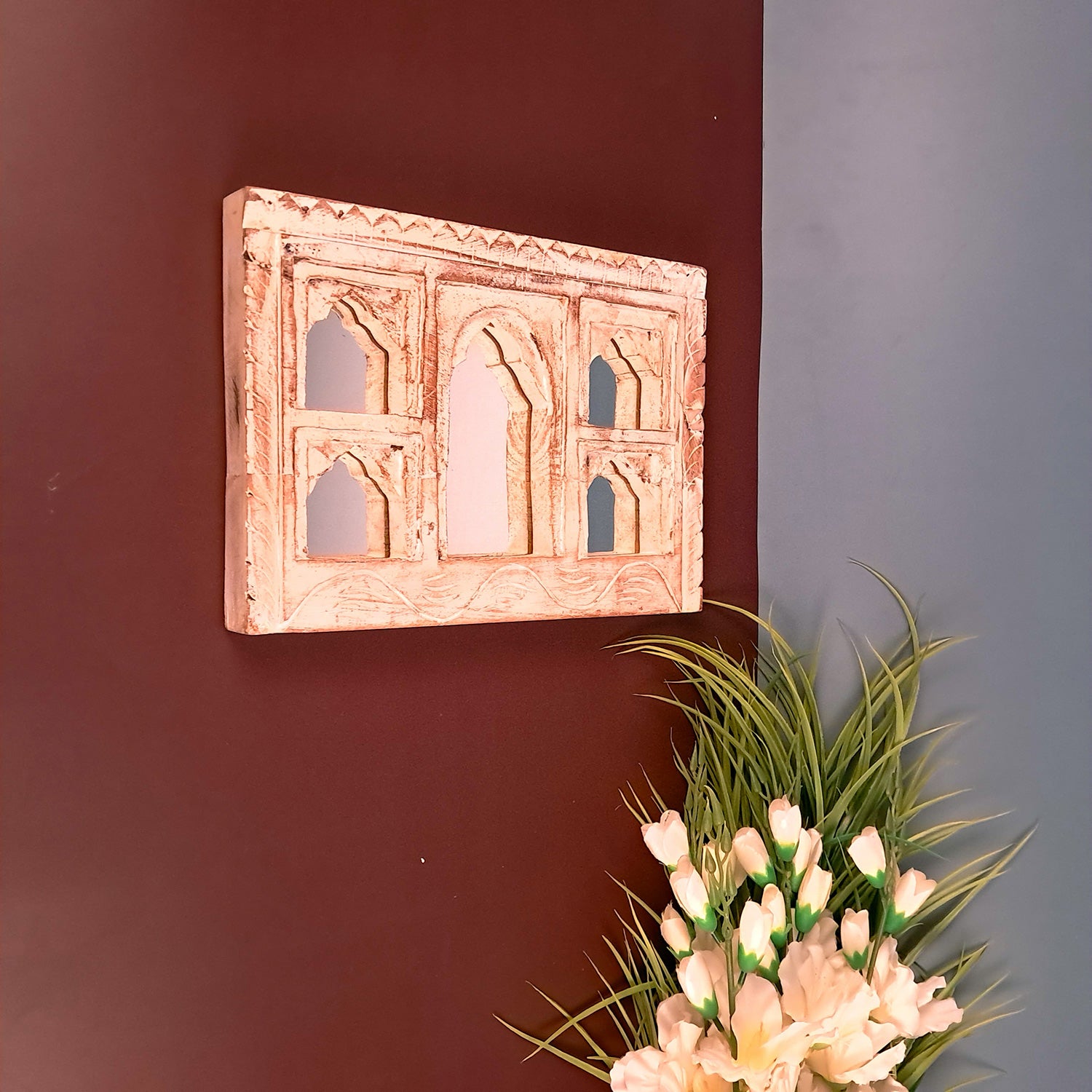 Wooden Jharokha Frame With Mirror Wall Hanging | Antique Finished Handcrafted Replaceable Mirror Jharokha - Home, Wall Decor, Living room, Entrance Decoration & Gifts - Apkamart #Color_White