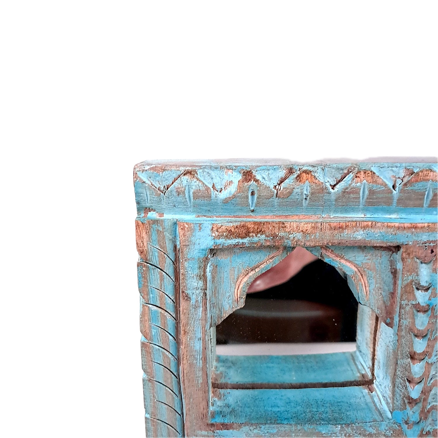 Wooden Jharokha Frame With Mirror Wall Hanging | Antique Finished Handcrafted Rustic Mirror Jharokha - Home, Wall Decor, Living room, Entrance Decoration & Gifts - 8 Inch - Apkamart #Color_Blue