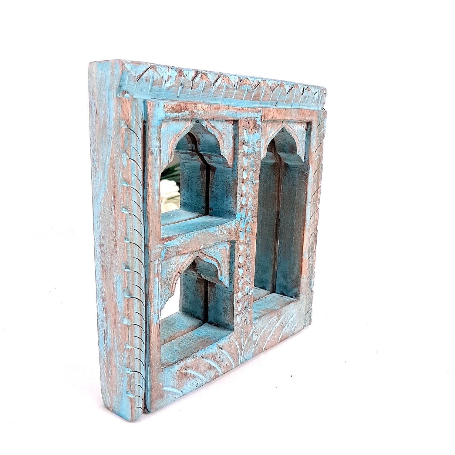 Wooden Jharokha Frame With Mirror Wall Hanging | Antique Finished Handcrafted Rustic Mirror Jharokha - Home, Wall Decor, Living room, Entrance Decoration & Gifts - 8 Inch - Apkamart #Color_Blue
