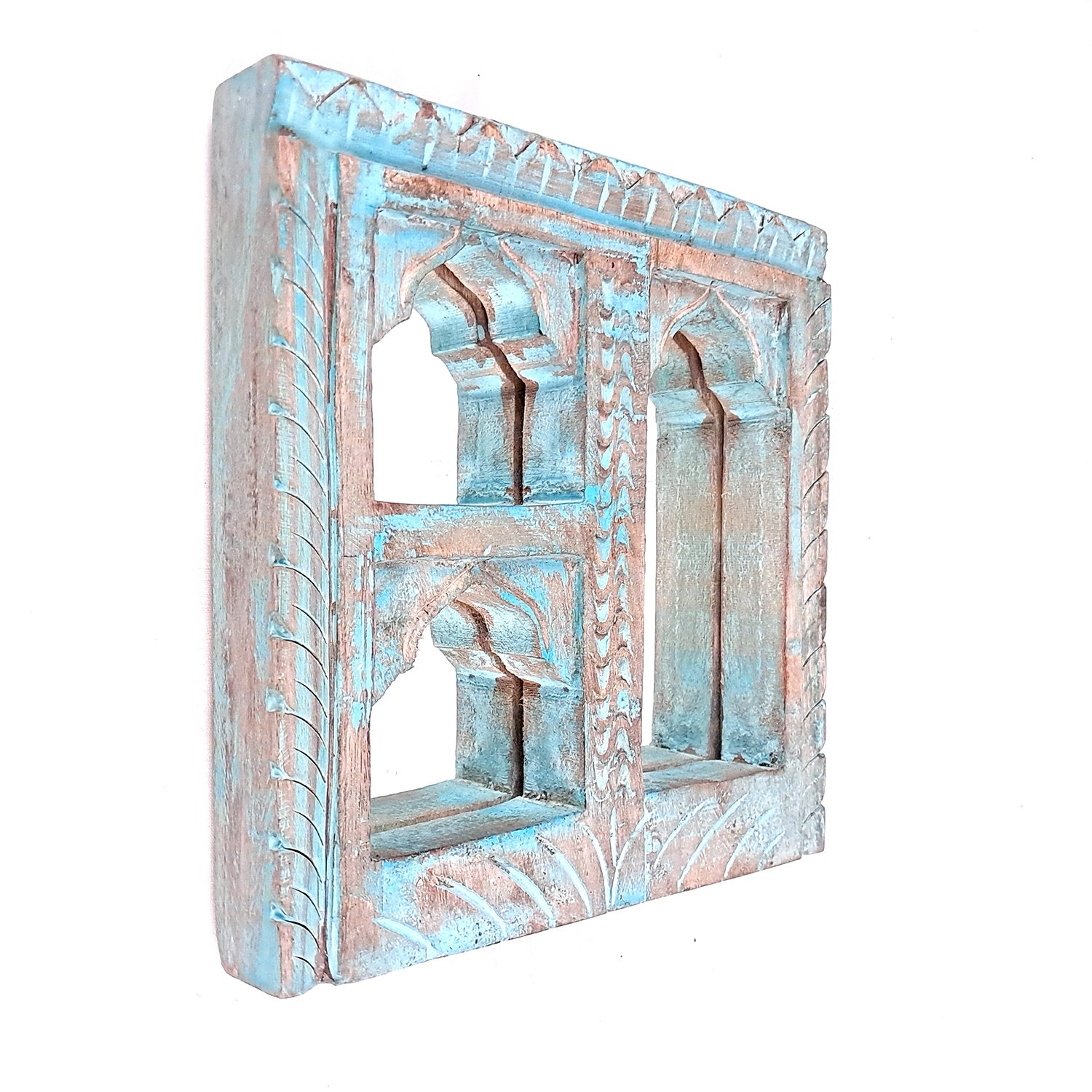 Wooden Jharokha Frame With Mirror Wall Hanging | Antique Finished Handcrafted Rustic Mirror Jharokha - Home, Wall Decor, Living room, Entrance Decoration & Gifts - 8 Inch - Apkamart #Color_Blue