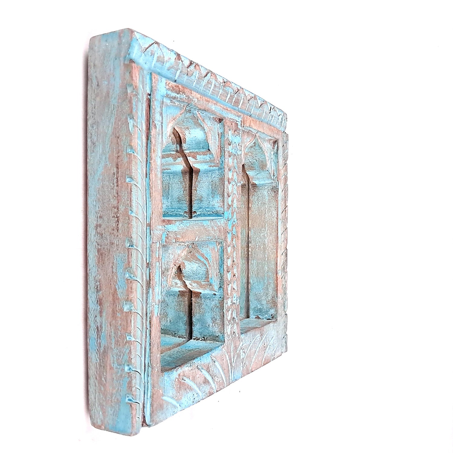 Wooden Jharokha Frame With Mirror Wall Hanging | Antique Finished Handcrafted Rustic Mirror Jharokha - Home, Wall Decor, Living room, Entrance Decoration & Gifts - 8 Inch - Apkamart #Color_Blue
