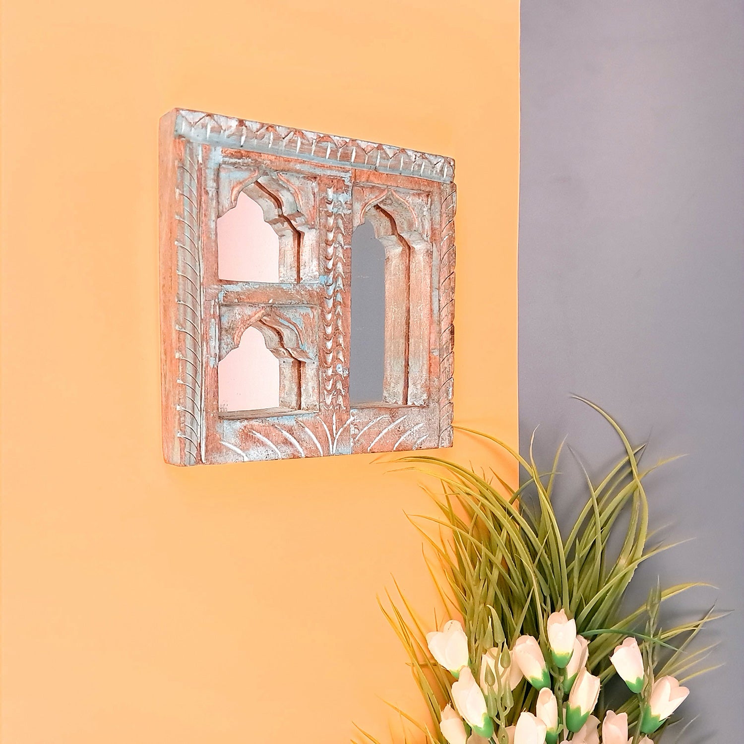 Wooden Jharokha Frame With Mirror Wall Hanging | Antique Finished Handcrafted Rustic Mirror Jharokha - Home, Wall Decor, Living room, Entrance Decoration & Gifts - 8 Inch - Apkamart #Color_Blue