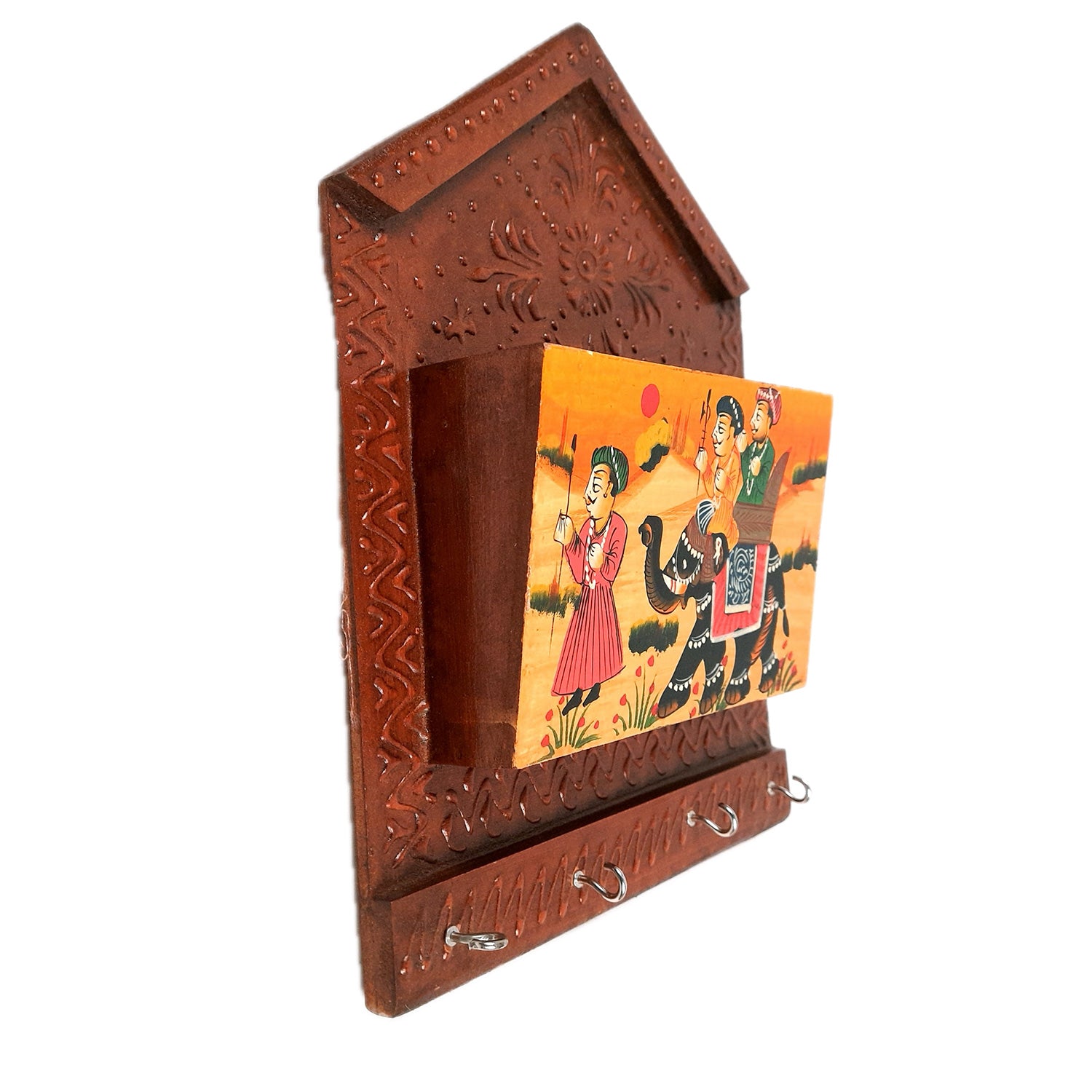 Key Holder with Small Letter Rack | Key Hook Stand | Wooden Keys & Paper Organizer - For Home, Entrance, Office Decor & Gifts - 11 Inch (4 Hooks) - Apkamart #Style_Pack of 2