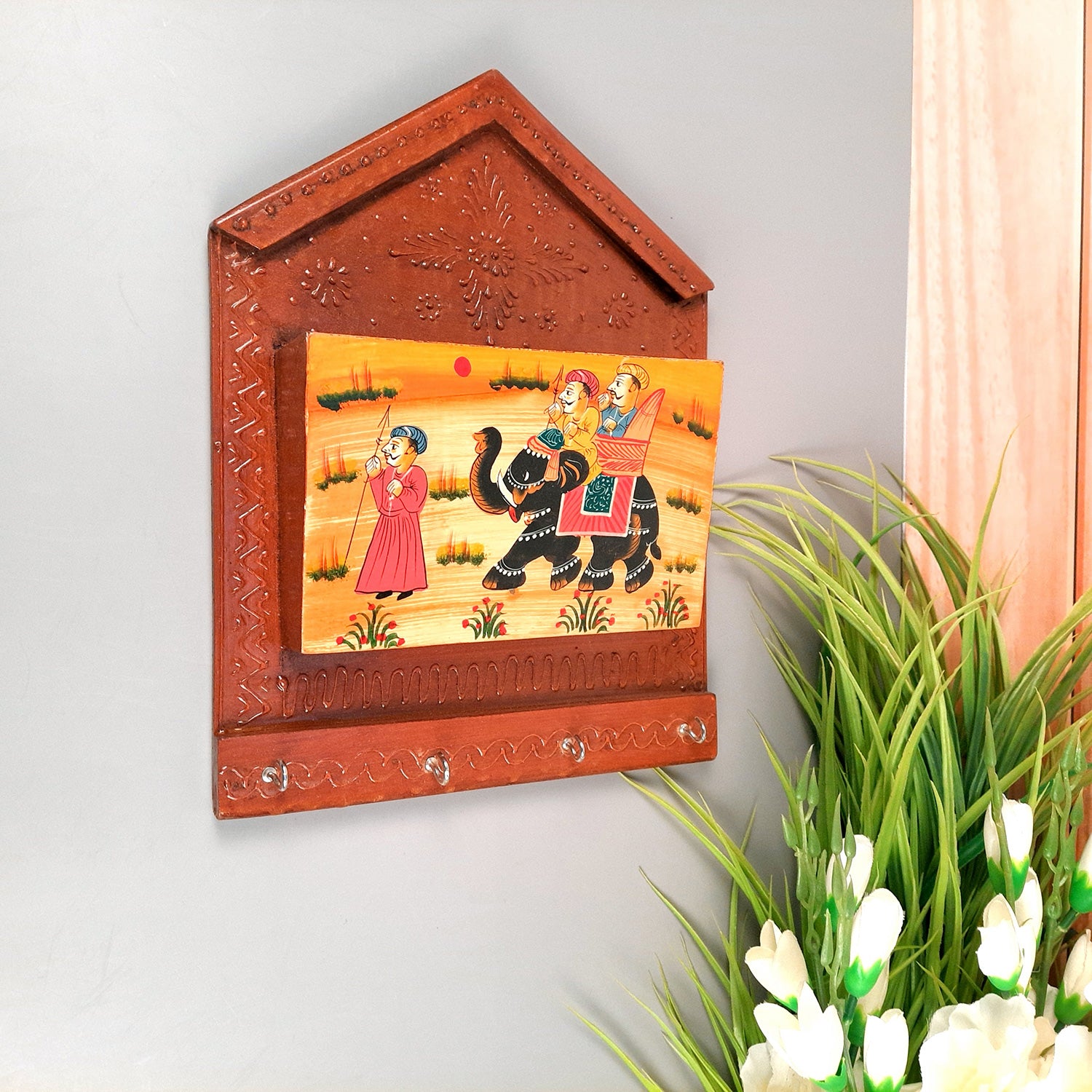 Key Holder with Small Letter Rack | Key Hook Stand | Wooden Keys & Paper Organizer - For Home, Entrance, Office Decor & Gifts - 11 Inch (4 Hooks) - Apkamart #Style_Pack of 1