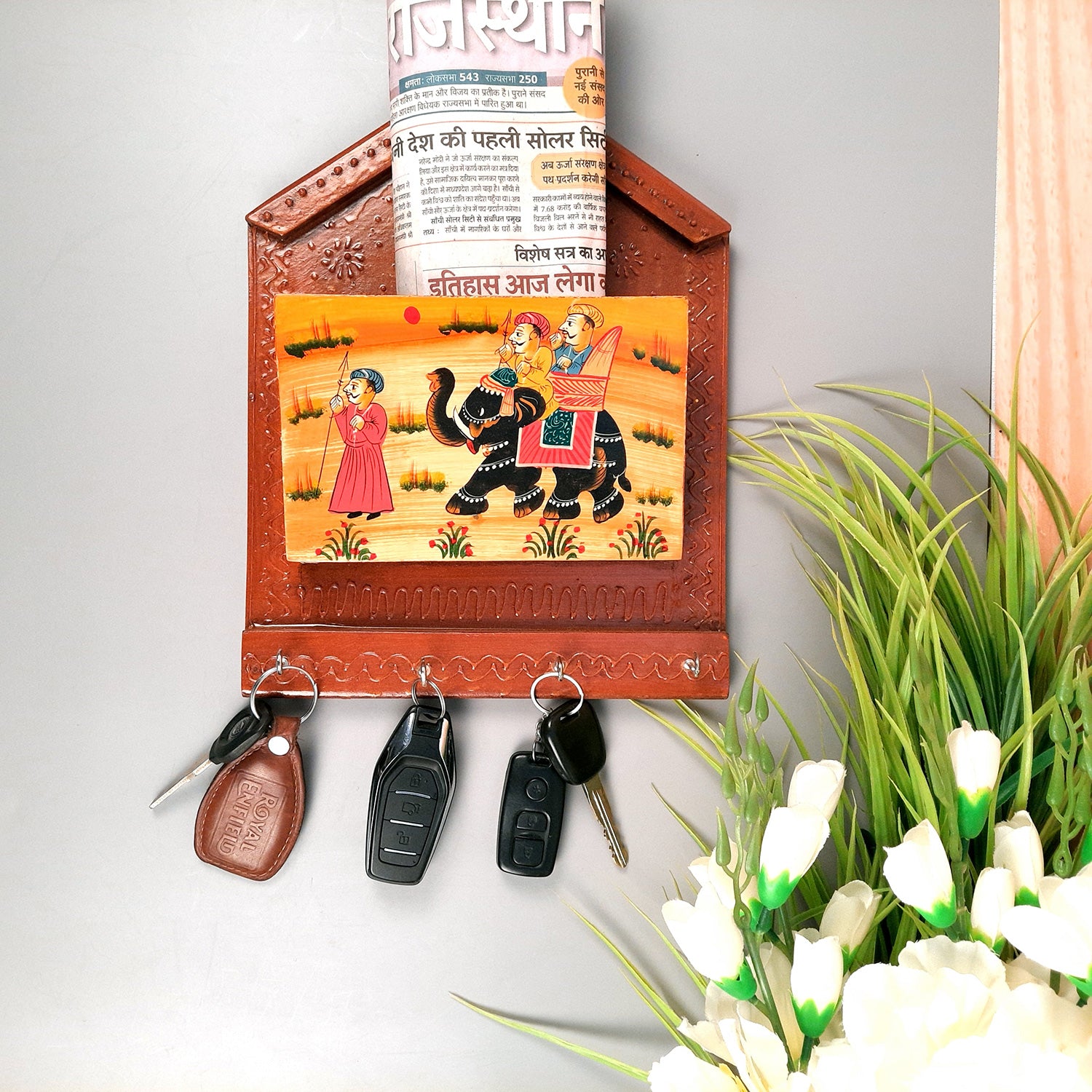 Key Holder with Small Letter Rack | Key Hook Stand | Wooden Keys & Paper Organizer - For Home, Entrance, Office Decor & Gifts - 11 Inch (4 Hooks) - Apkamart #Style_Pack of 2