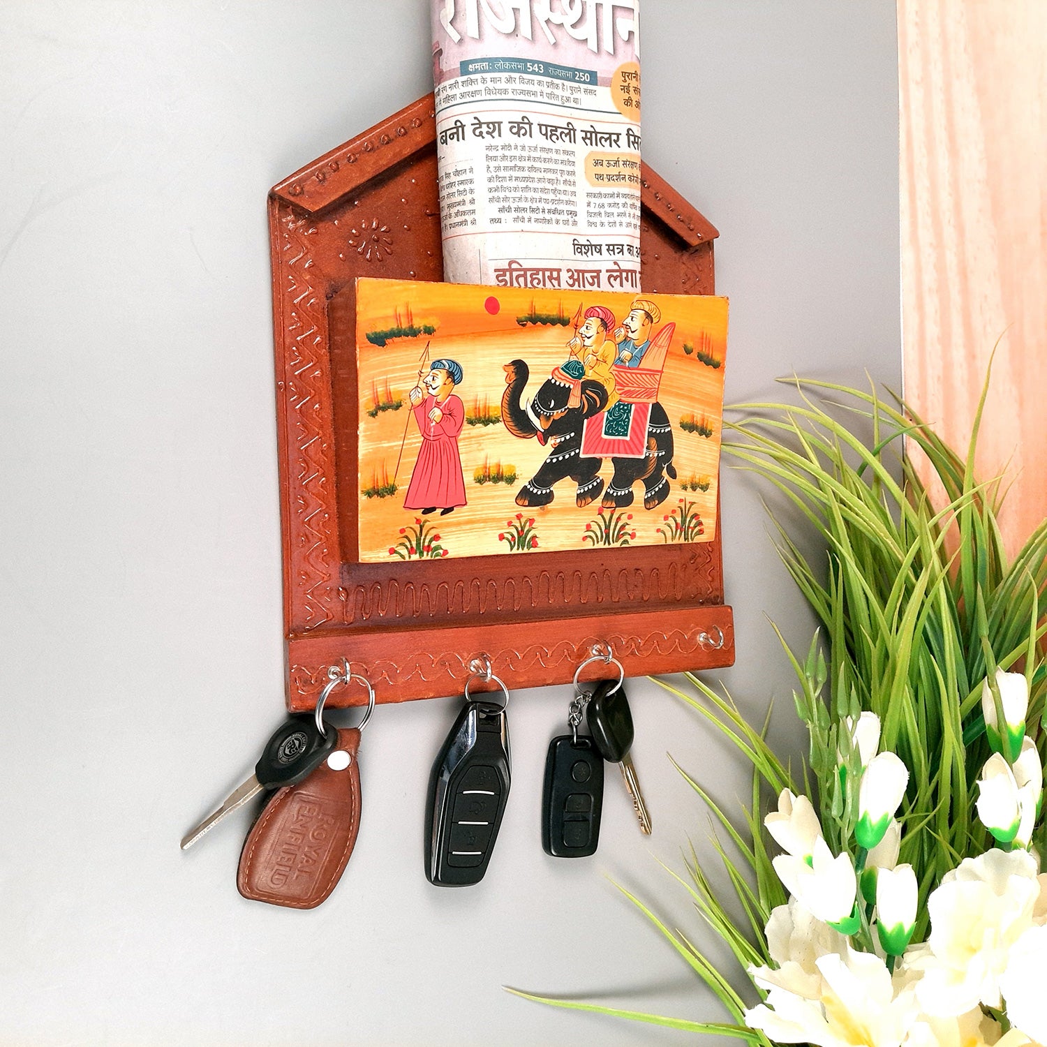 Key Holder with Small Letter Rack | Key Hook Stand | Wooden Keys & Paper Organizer - For Home, Entrance, Office Decor & Gifts - 11 Inch (4 Hooks) - Apkamart #Style_Pack of 1