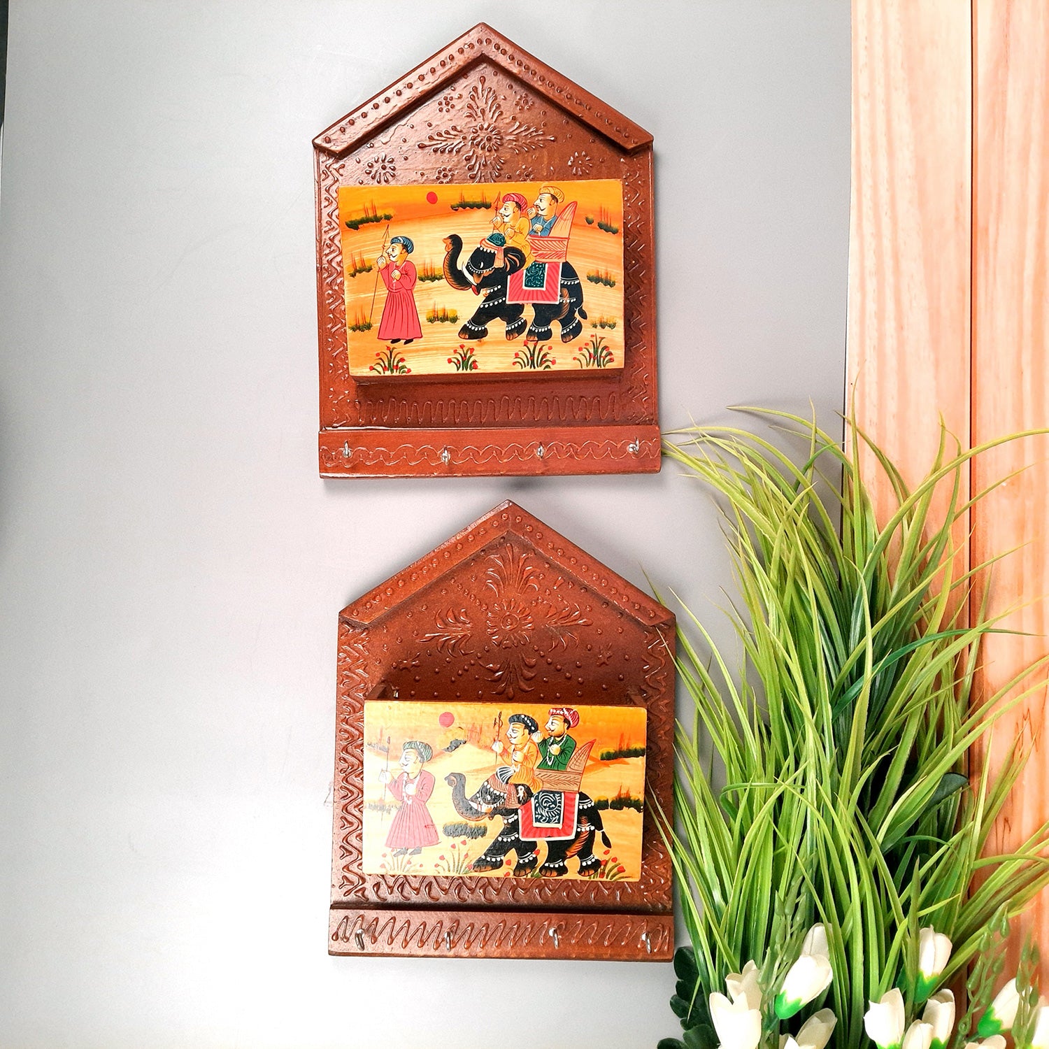 Key Holder with Small Letter Rack | Key Hook Stand | Wooden Keys & Paper Organizer - For Home, Entrance, Office Decor & Gifts - 11 Inch (4 Hooks) - Apkamart #Style_Pack of 2