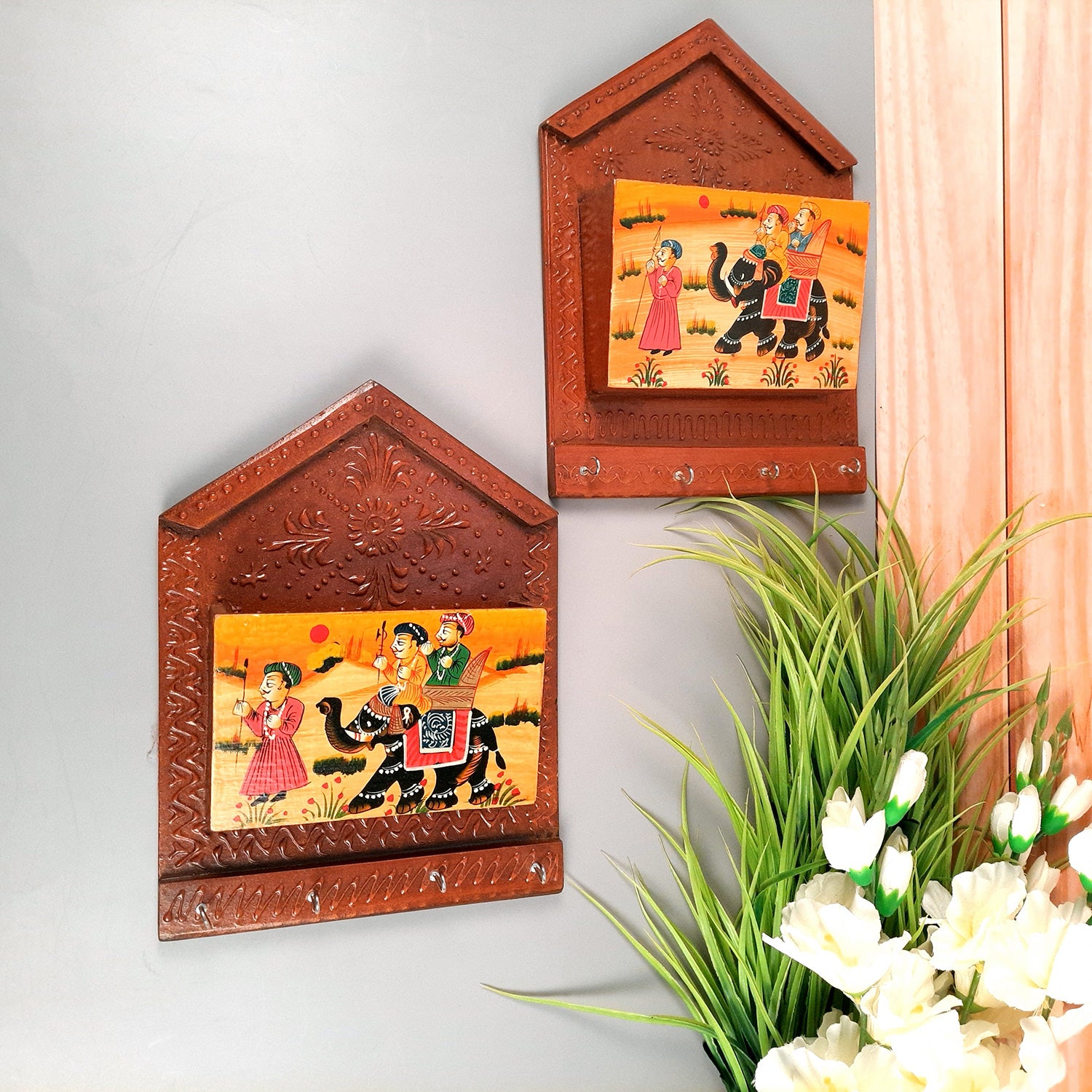 Key Holder with Small Letter Rack | Key Hook Stand | Wooden Keys & Paper Organizer - For Home, Entrance, Office Decor & Gifts - 11 Inch (4 Hooks) - Apkamart #Style_Pack of 2