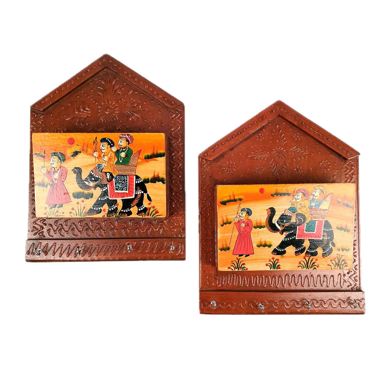 Key Holder with Small Letter Rack | Key Hook Stand | Wooden Keys & Paper Organizer - For Home, Entrance, Office Decor & Gifts - 11 Inch (4 Hooks) - Apkamart #Style_Pack of 2