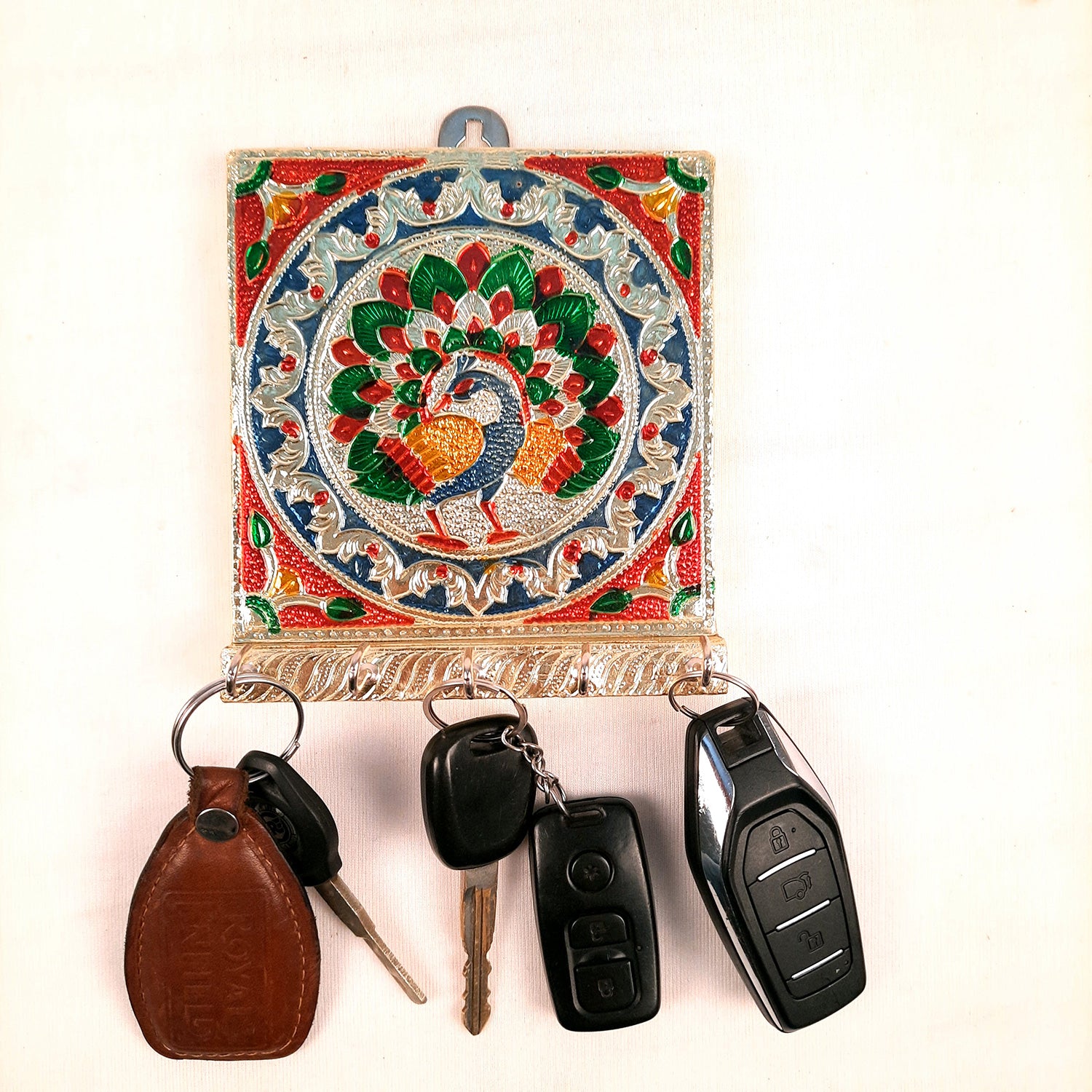 Key Holder Stands | Keys Hook Hangers - Minakari Peacock Design | Keys Organizer - For Home, Entrance, Office Decor & Gifts - 6 Inch (5 Hooks) - Apkamart #style_Pack of 4