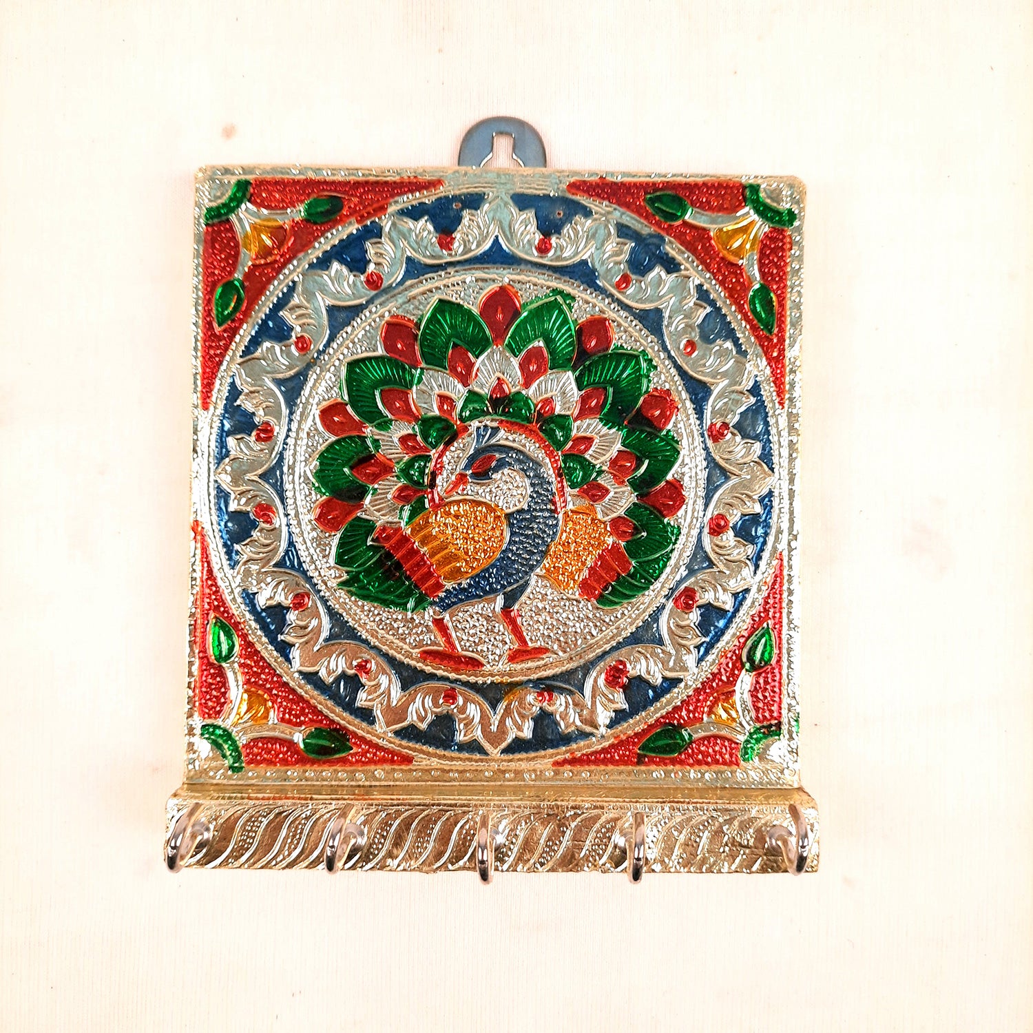 Key Holder Stands | Keys Hook Hangers - Minakari Peacock Design | Keys Organizer - For Home, Entrance, Office Decor & Gifts - 6 Inch (5 Hooks) - Apkamart #style_Pack of 1