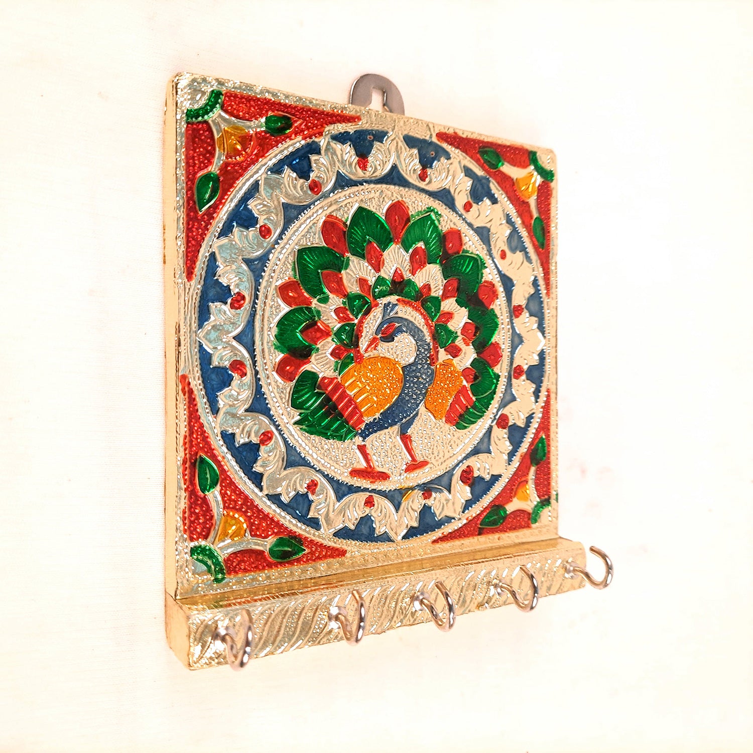 Key Holder Stands | Keys Hook Hangers - Minakari Peacock Design | Keys Organizer - For Home, Entrance, Office Decor & Gifts - 6 Inch (5 Hooks) - Apkamart #style_Pack of 2