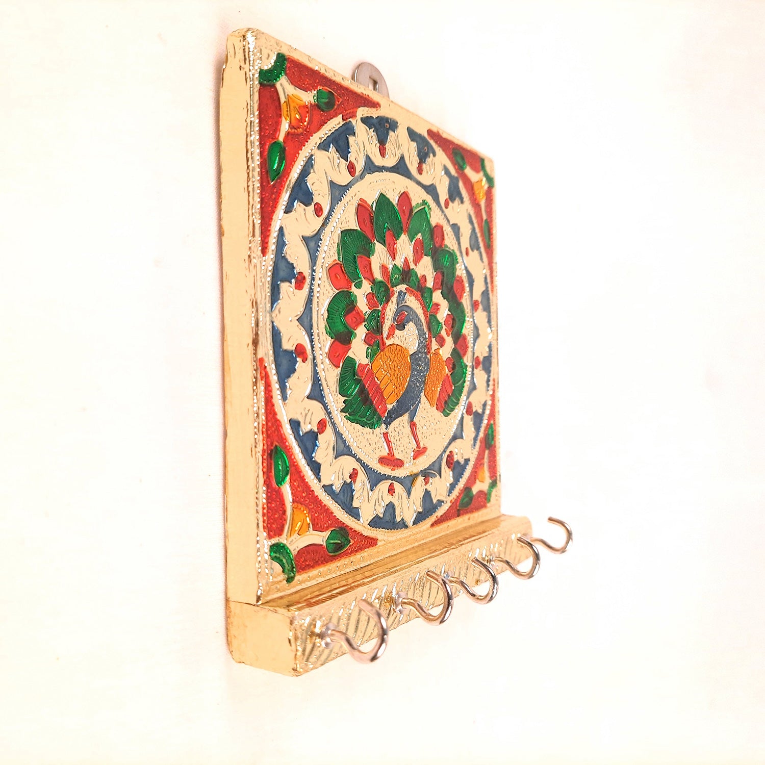 Key Holder Stands | Keys Hook Hangers - Minakari Peacock Design | Keys Organizer - For Home, Entrance, Office Decor & Gifts - 6 Inch (5 Hooks) - Apkamart #style_Pack of 4