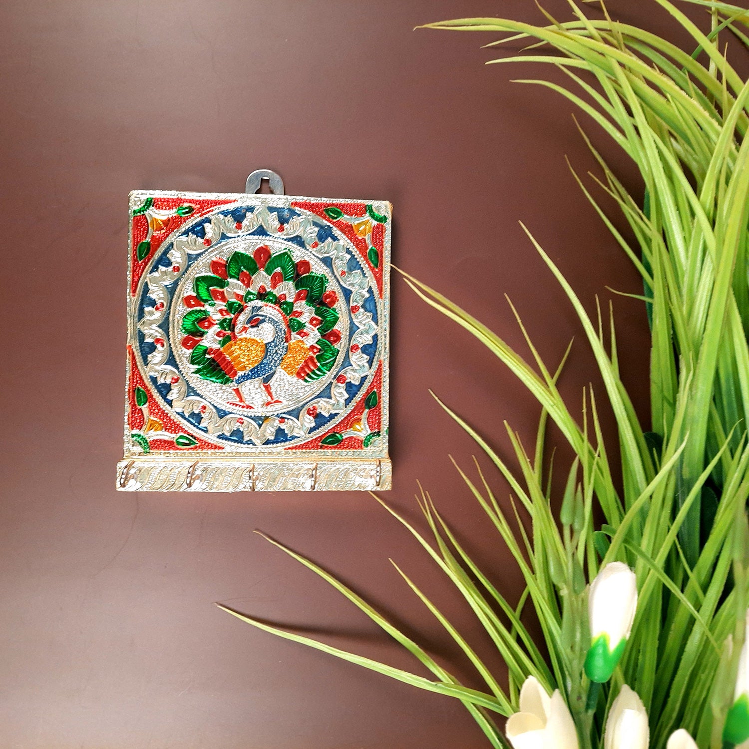 Key Holder Stands | Keys Hook Hangers - Minakari Peacock Design | Keys Organizer - For Home, Entrance, Office Decor & Gifts - 6 Inch (5 Hooks) - Apkamart #style_Pack of 2