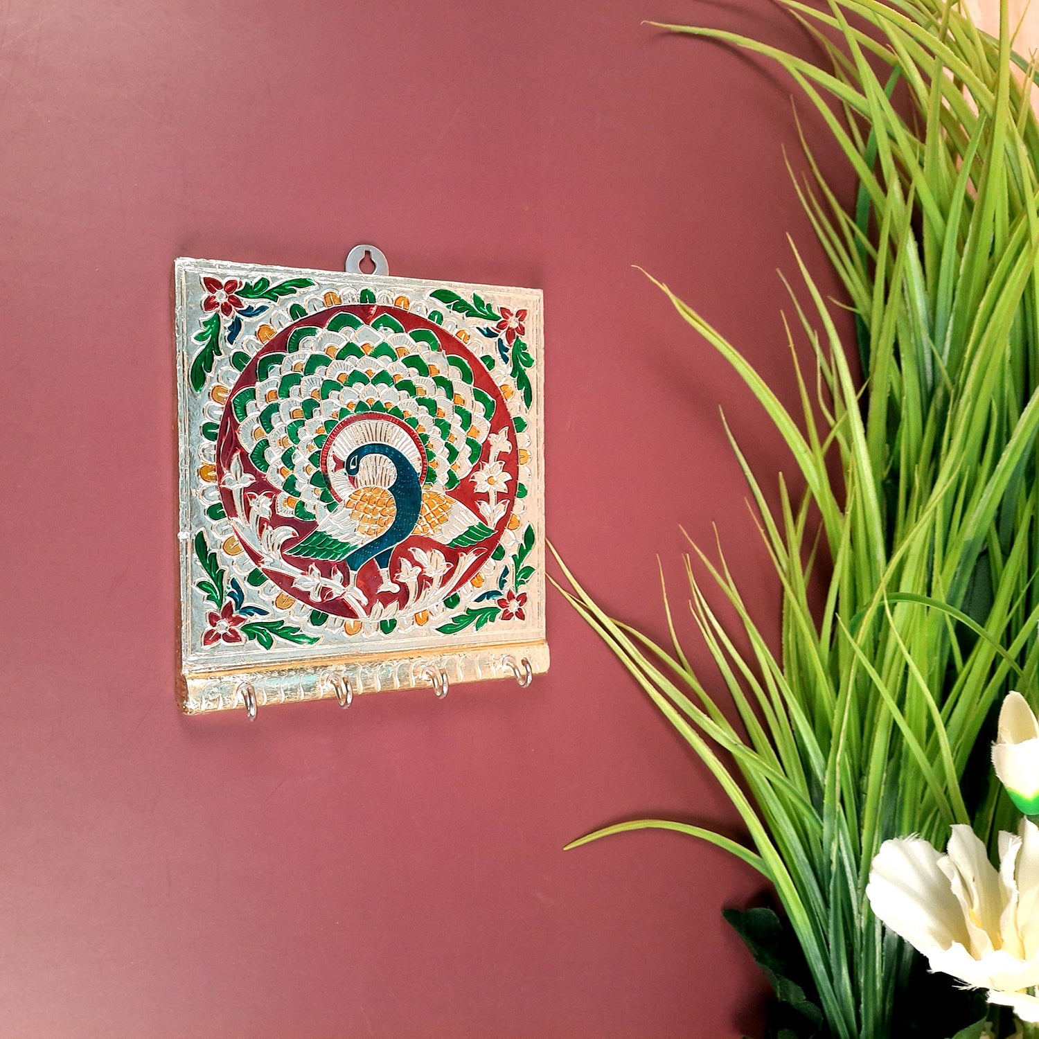 Key Holder Stands | Keys Hook Wall Hangers Minakari Design | Keys Organizer - For Home, Entrance, Office Decor & Gifts - 5 Inch (4 Hooks) - Apkamart #Style_Pack of 1